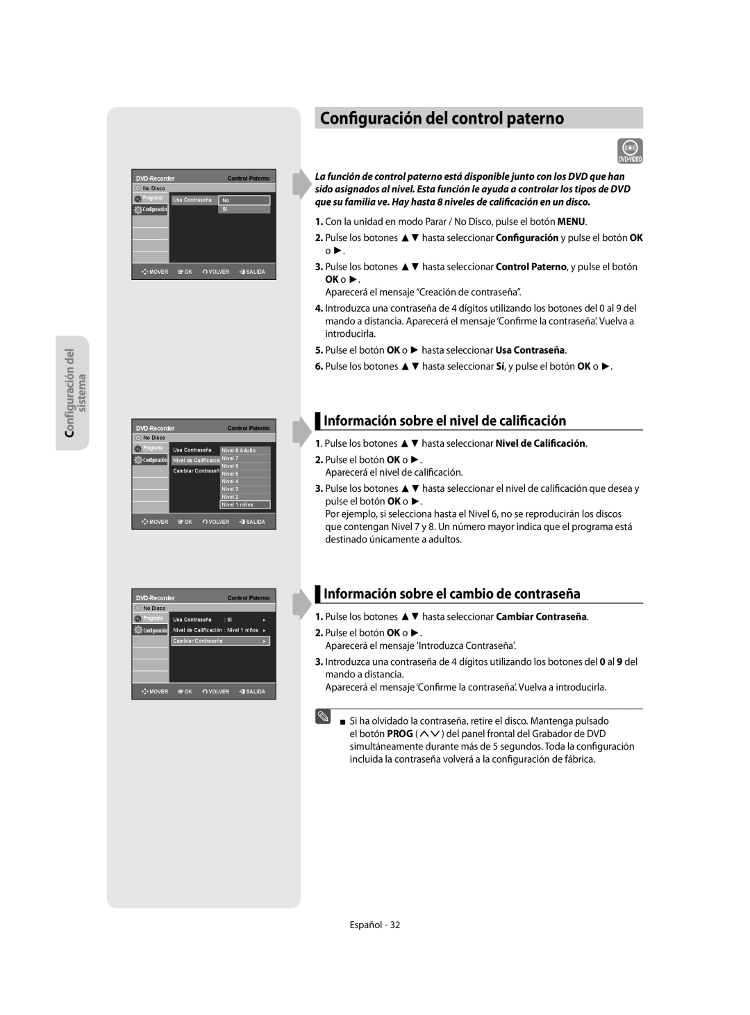 Samsung DVD-R155/XEC, DVD-R155/EUR manual Configuración del control paterno, Información sobre el nivel de calificación 