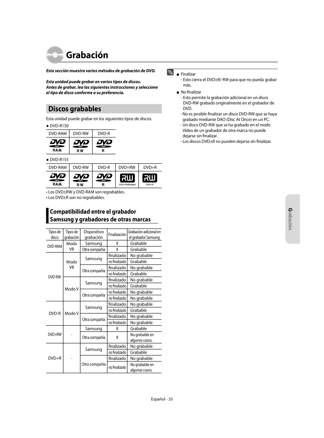 Samsung DVD-R155/EUR, DVD-R155/XEC manual Grabación, Discos grabables, Dvd-Ram Dvd-Rw Dvd-R, Dvd-Ram Dvd-Rw Dvd+Rw 