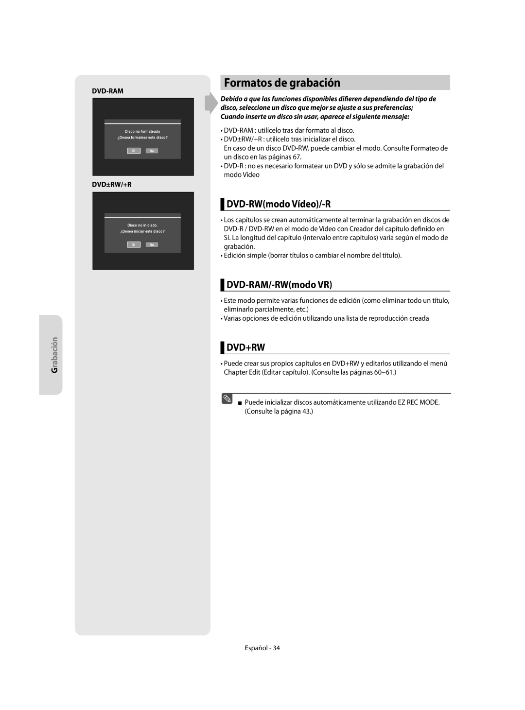 Samsung DVD-R155/XEC, DVD-R155/EUR manual Formatos de grabación, DVD-RWmodo Vídeo/-R, DVD-RAM/-RWmodo VR 