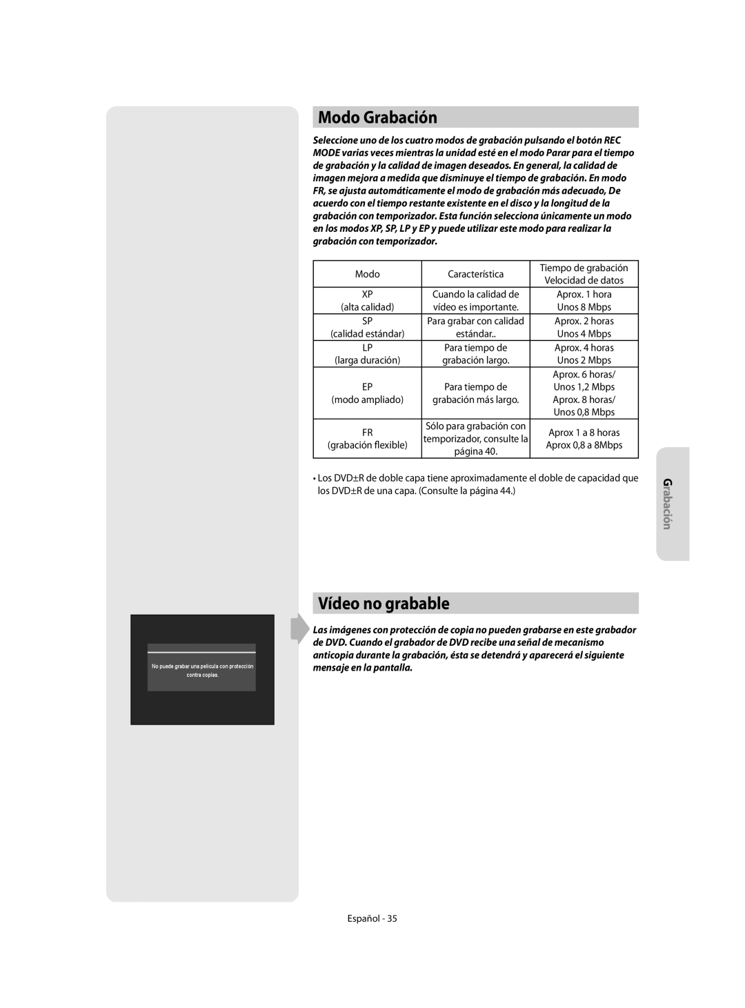 Samsung DVD-R155/EUR, DVD-R155/XEC manual Modo Grabación, Vídeo no grabable, Modo Característica Tiempo de grabación 