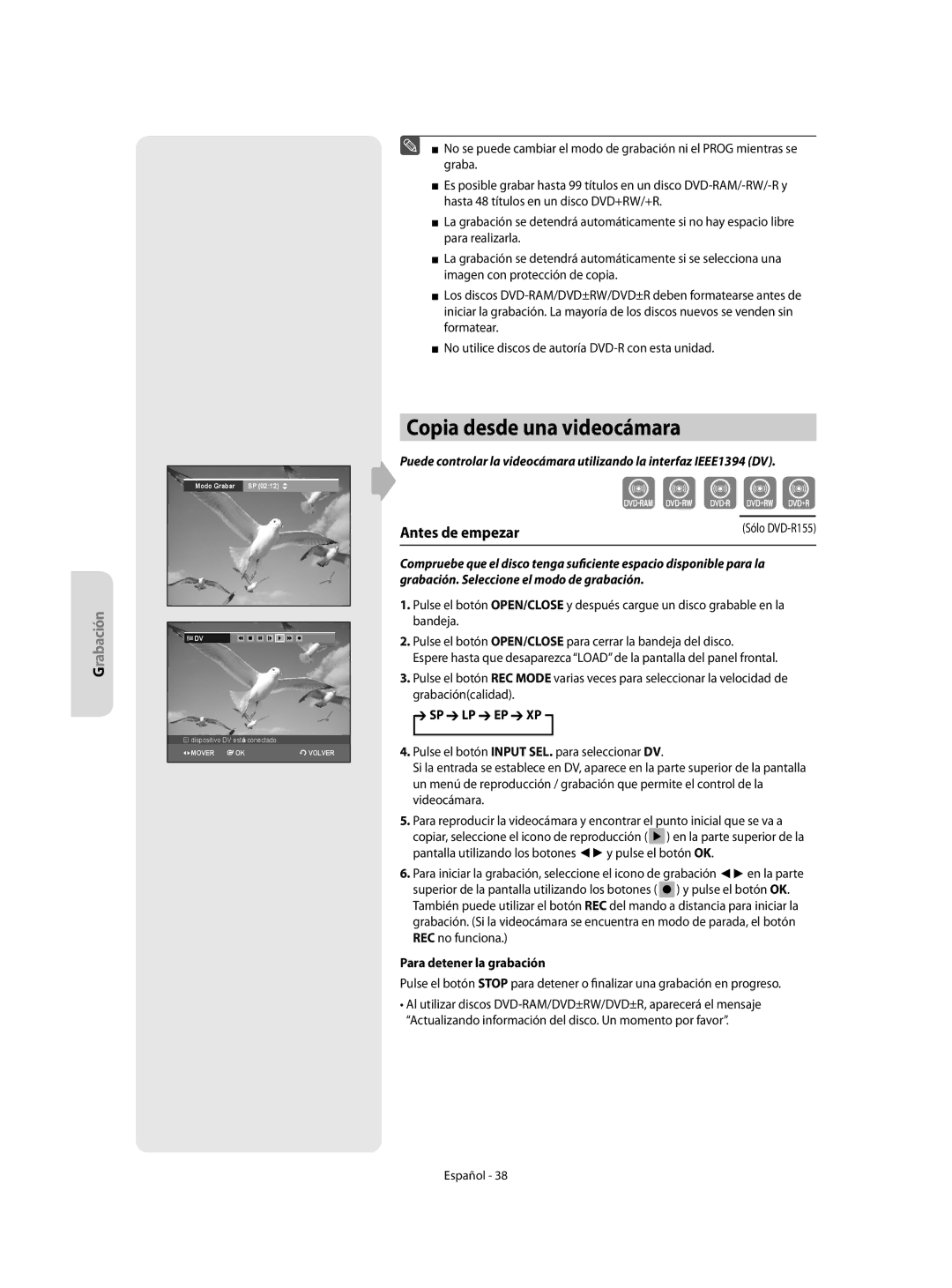 Samsung DVD-R155/XEC, DVD-R155/EUR manual Copia desde una videocámara, Para detener la grabación 