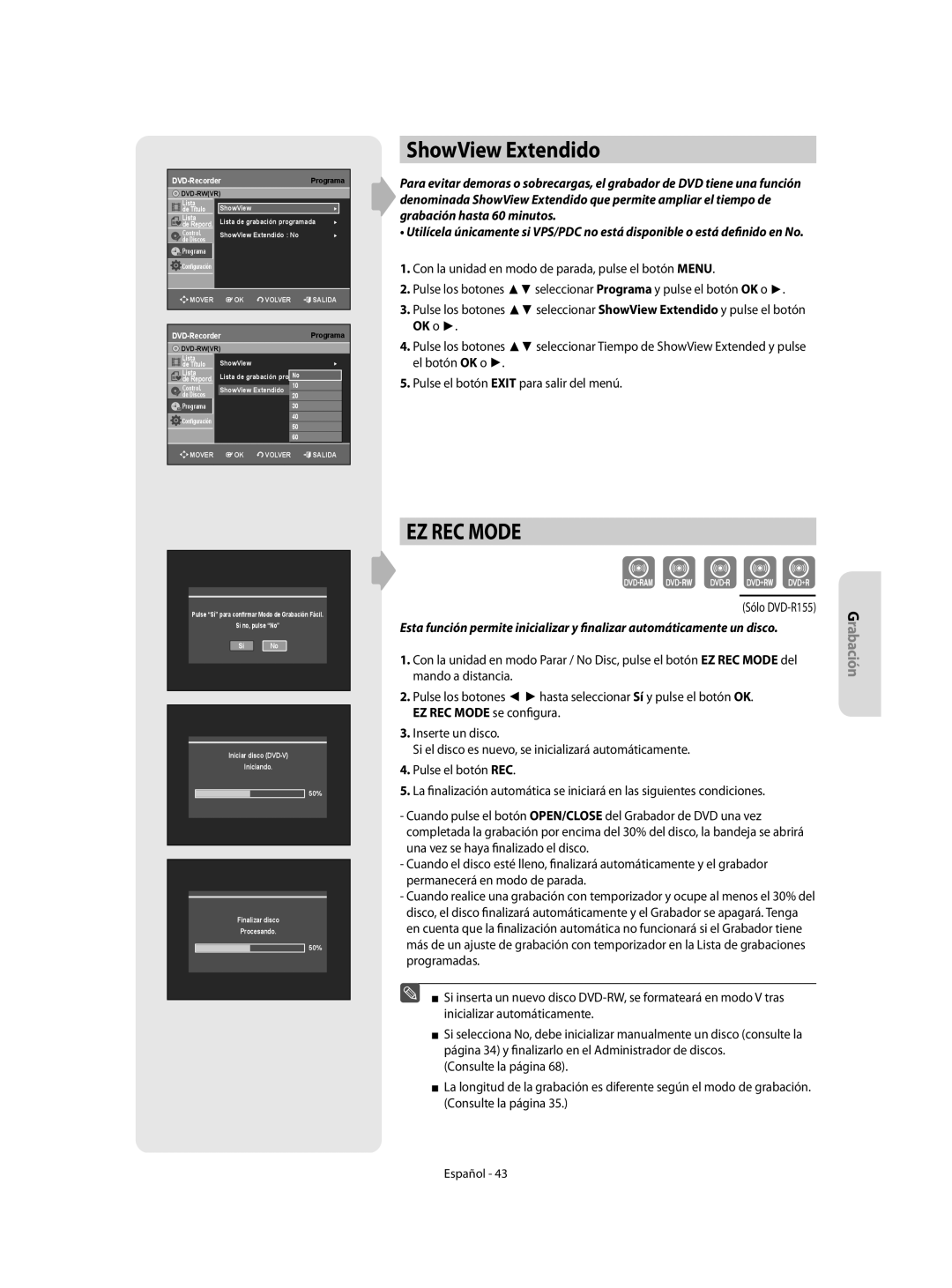 Samsung DVD-R155/EUR, DVD-R155/XEC manual ShowView Extendido, EZ REC Mode 