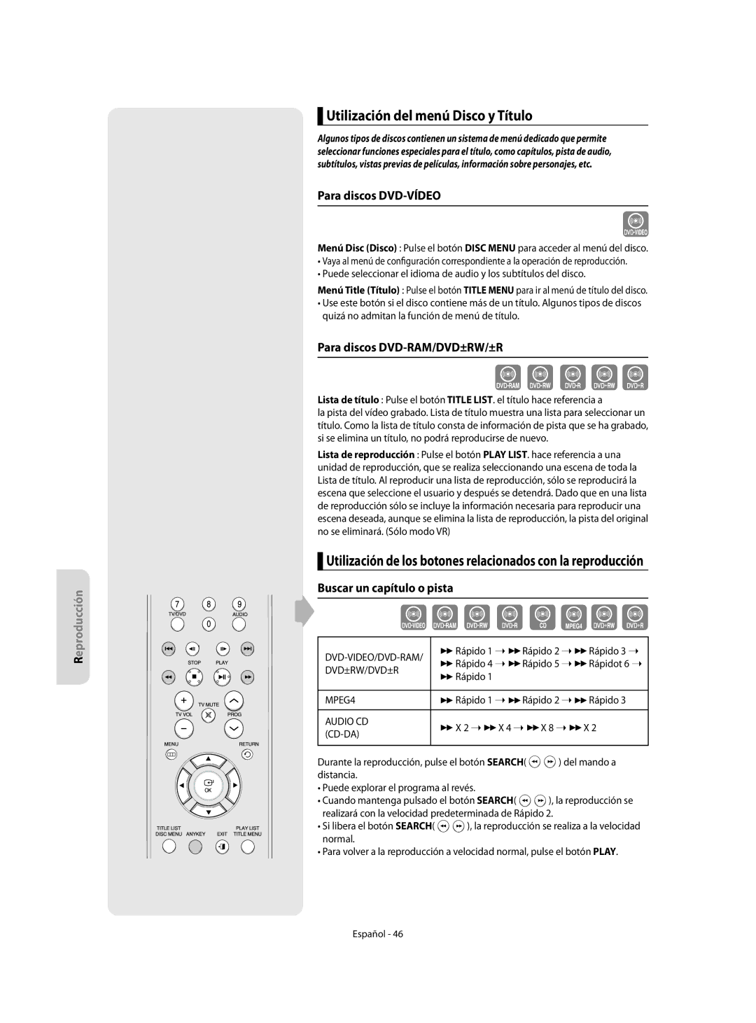 Samsung DVD-R155/XEC manual Utilización del menú Disco y Título, Para discos DVD-VÍDEO, Para discos DVD-RAM/DVD±RW/±R 