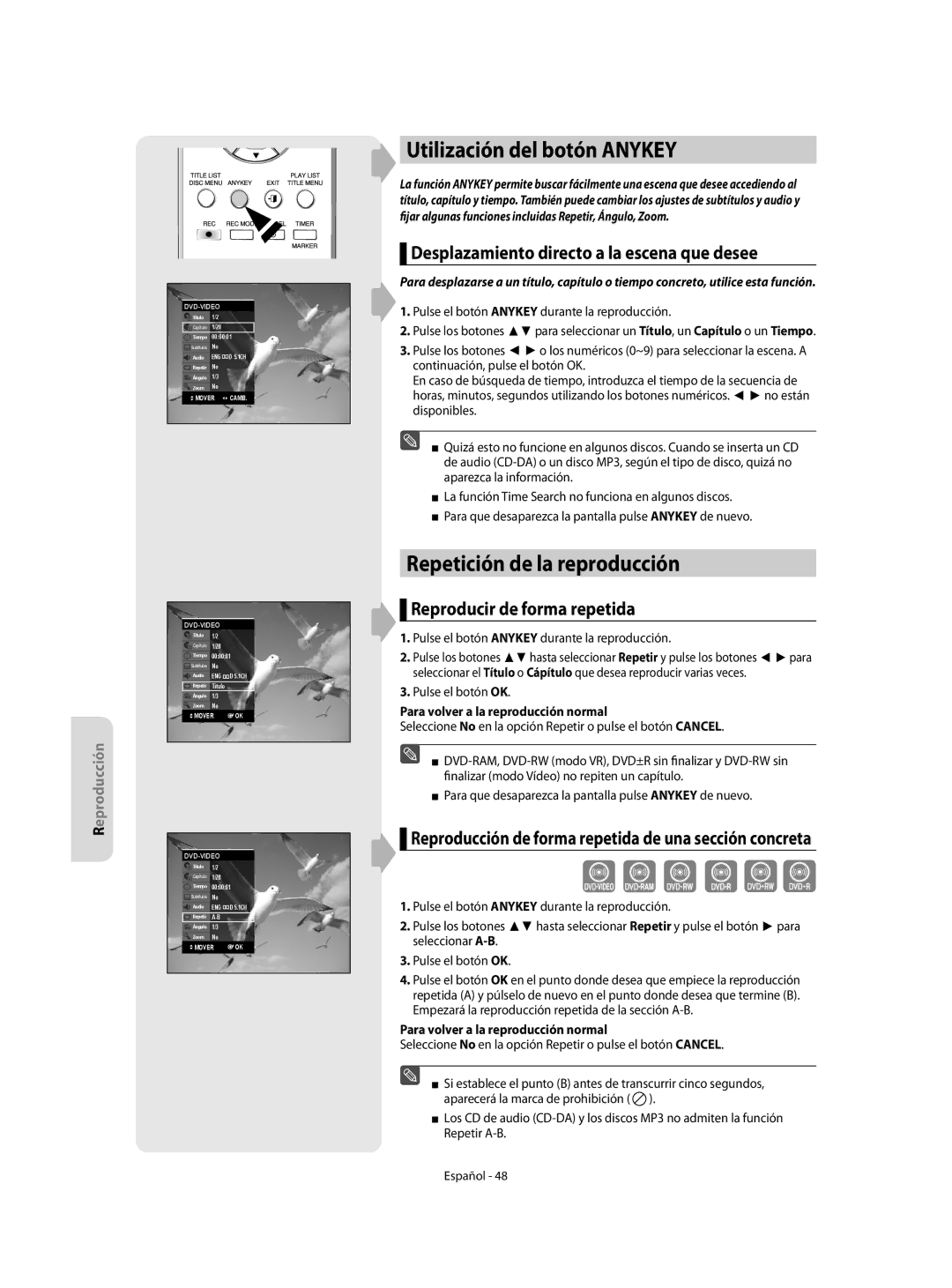 Samsung DVD-R155/XEC manual Utilización del botón Anykey, Repetición de la reproducción, Reproducir de forma repetida 