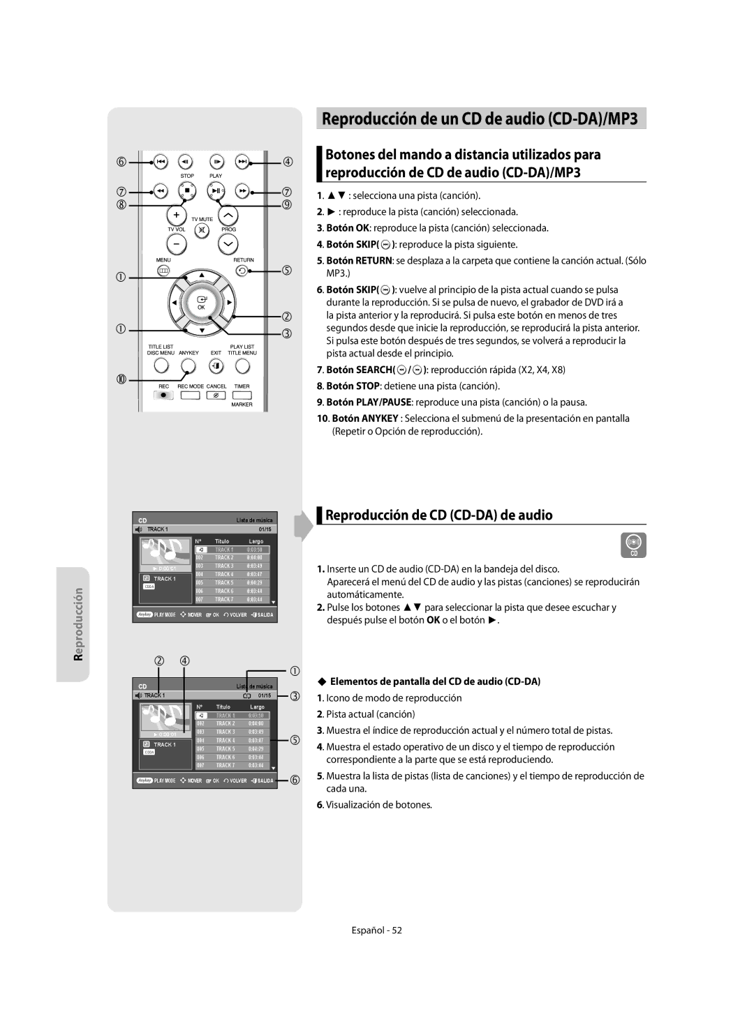 Samsung DVD-R155/XEC, DVD-R155/EUR manual Reproducción de CD CD-DA de audio, ‹ Elementos de pantalla del CD de audio CD-DA 