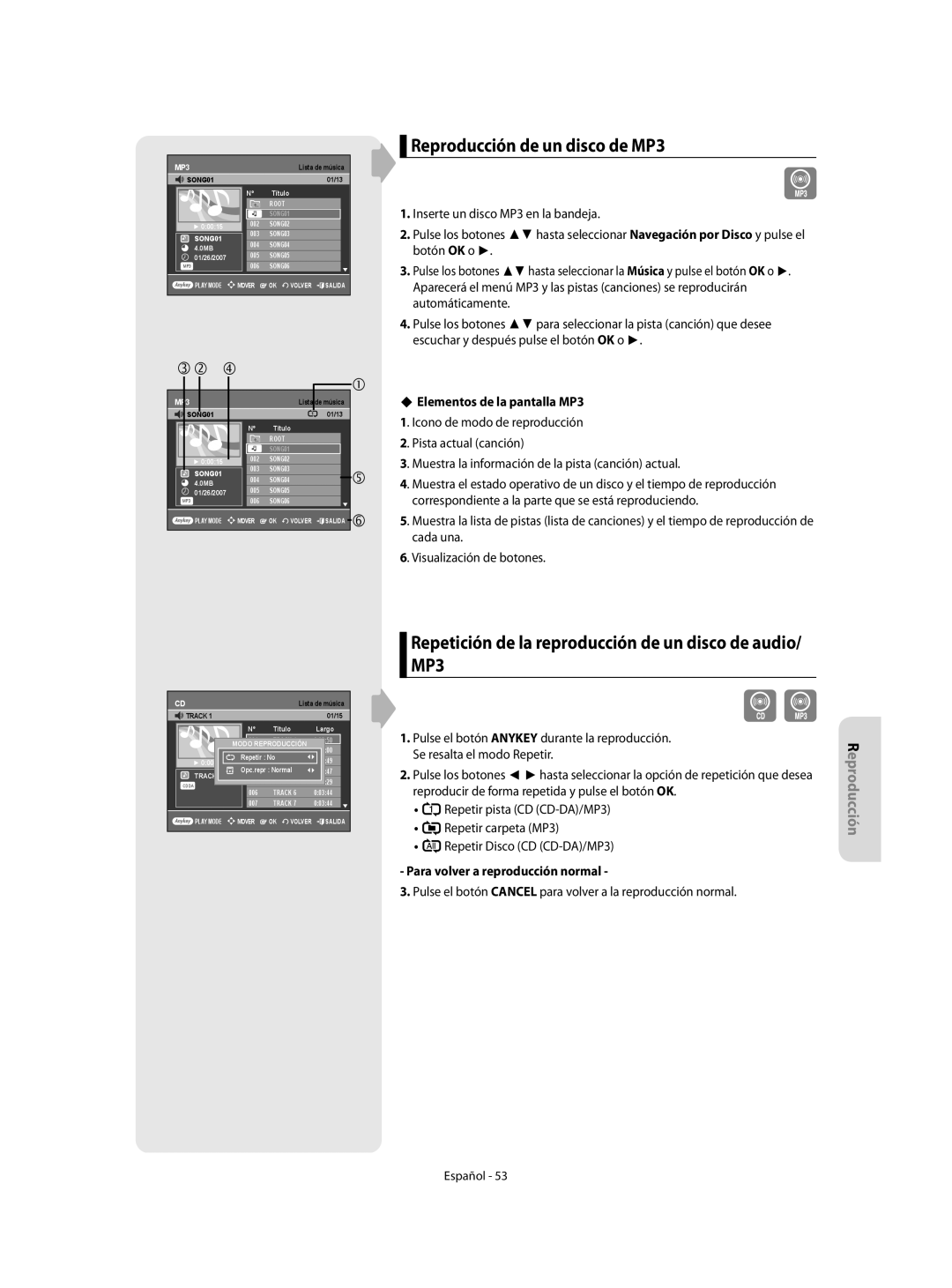 Samsung DVD-R155/EUR manual Reproducción de un disco de MP3, Repetición de la reproducción de un disco de audio/ MP3 