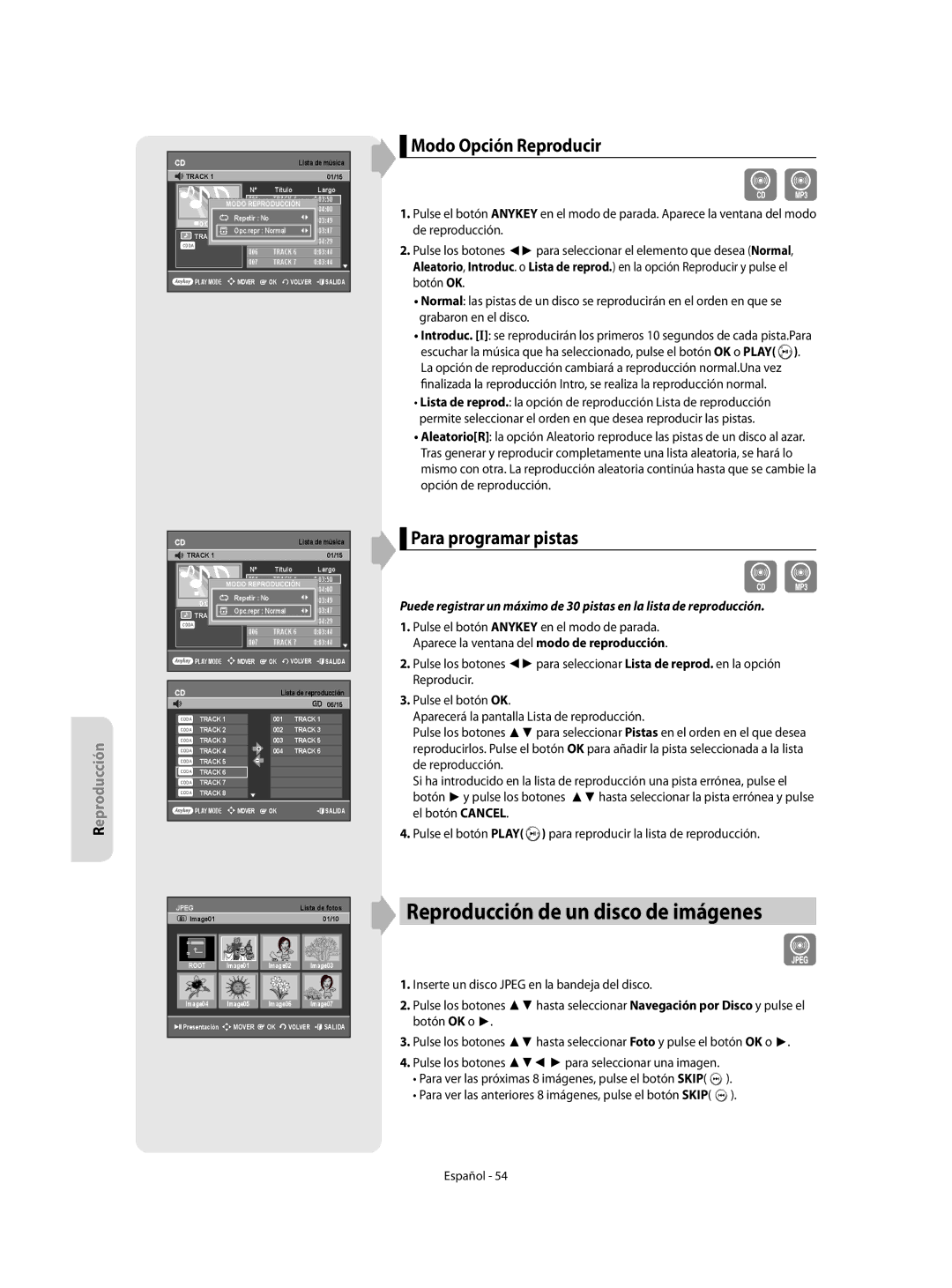 Samsung DVD-R155/XEC, DVD-R155/EUR Reproducción de un disco de imágenes, Modo Opción Reproducir, Para programar pistas 