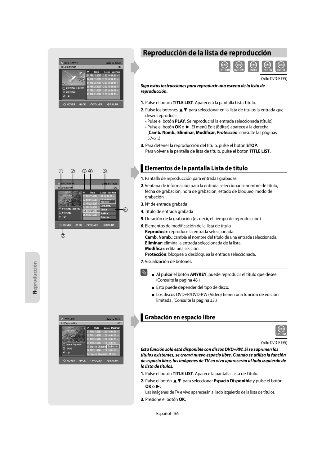 Samsung DVD-R155/XEC, DVD-R155/EUR manual Reproducción de la lista de reproducción, Elementos de la pantalla Lista de título 