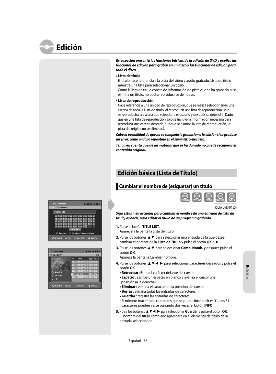 Samsung DVD-R155/EUR manual Edición básica Lista de Título, Cambiar el nombre de etiquetar un título, Lista de título 