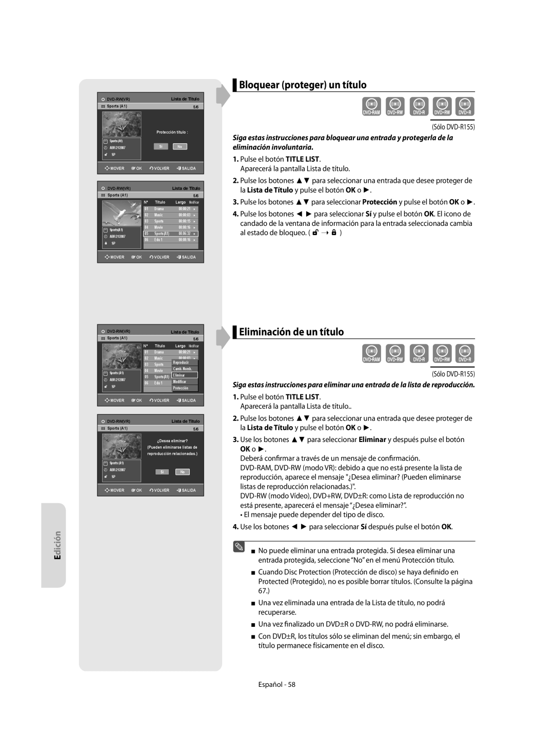 Samsung DVD-R155/XEC, DVD-R155/EUR manual Bloquear proteger un título, Eliminación de un título, Al estado de bloqueo 