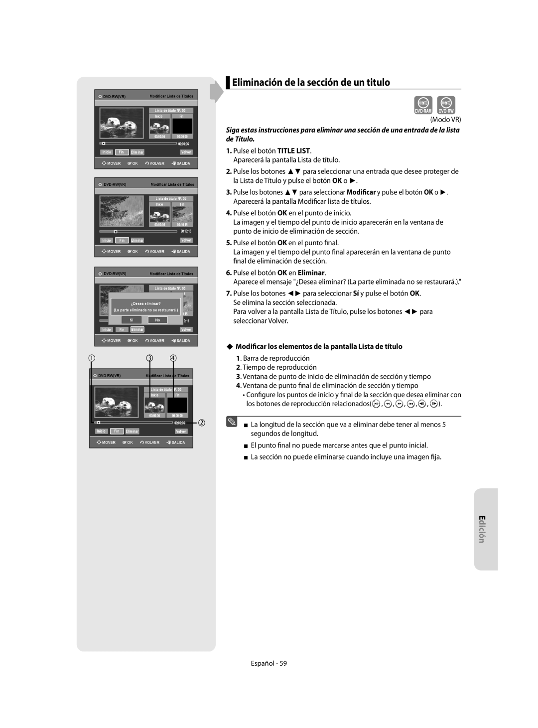 Samsung DVD-R155/EUR Eliminación de la sección de un titulo, ‹ Modificar los elementos de la pantalla Lista de título 