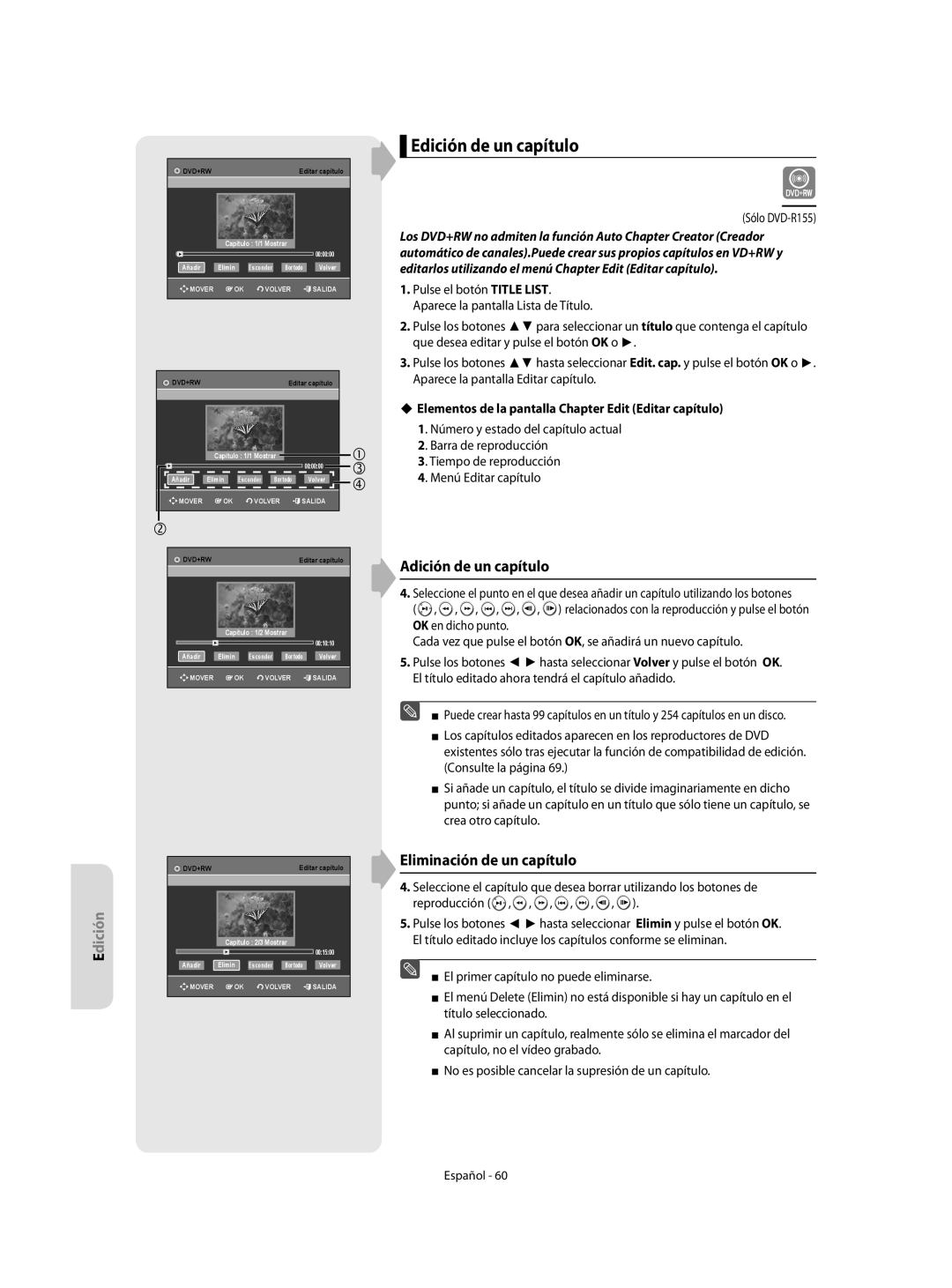 Samsung DVD-R155/XEC, DVD-R155/EUR manual Edición de un capítulo, Adición de un capítulo, Eliminación de un capítulo 