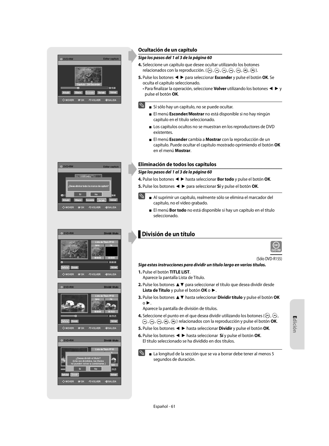 Samsung DVD-R155/EUR, DVD-R155/XEC División de un título, Ocultación de un capítulo, Eliminación de todos los capítulos 