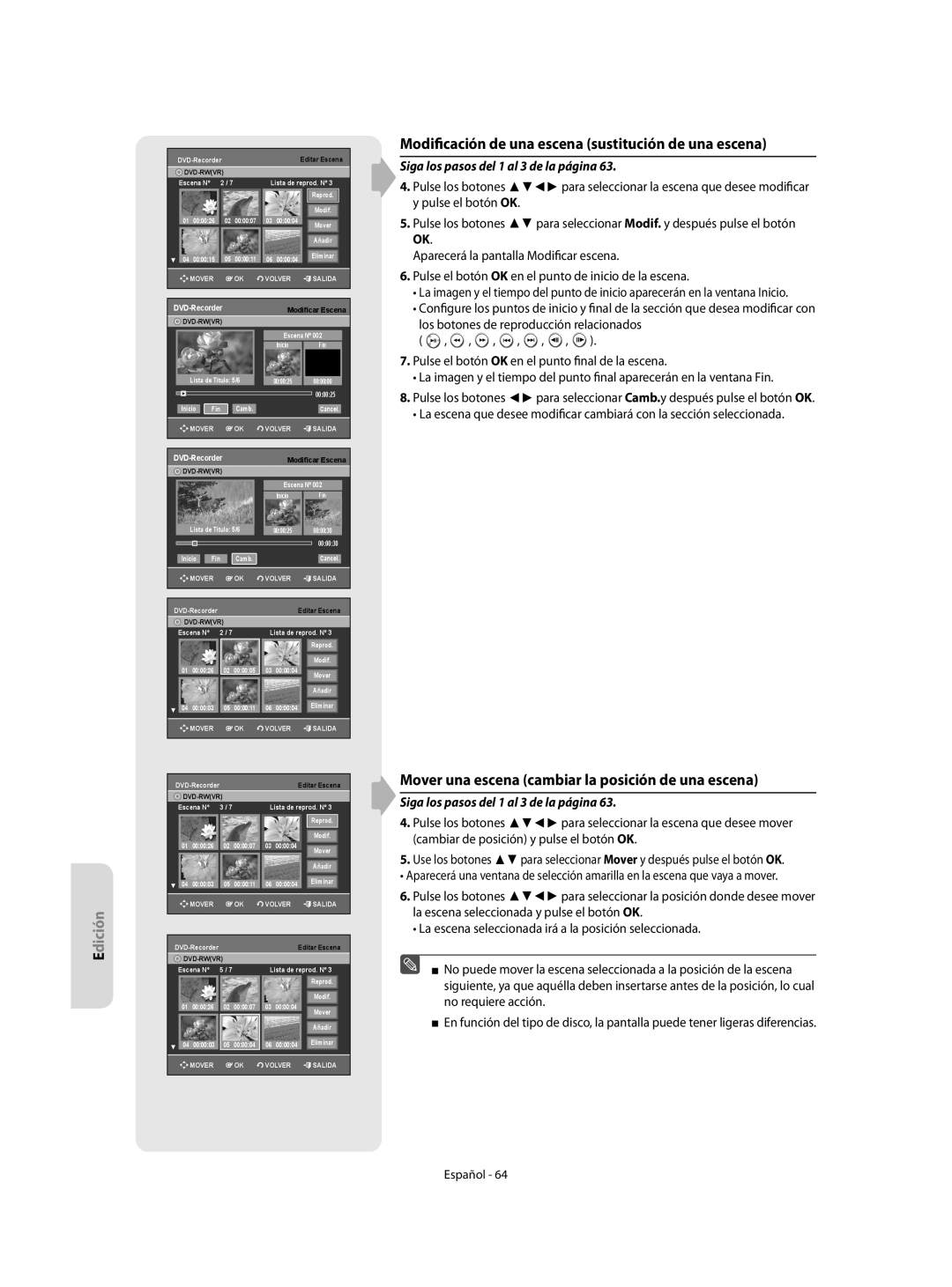 Samsung DVD-R155/XEC, DVD-R155/EUR manual Modificación de una escena sustitución de una escena 