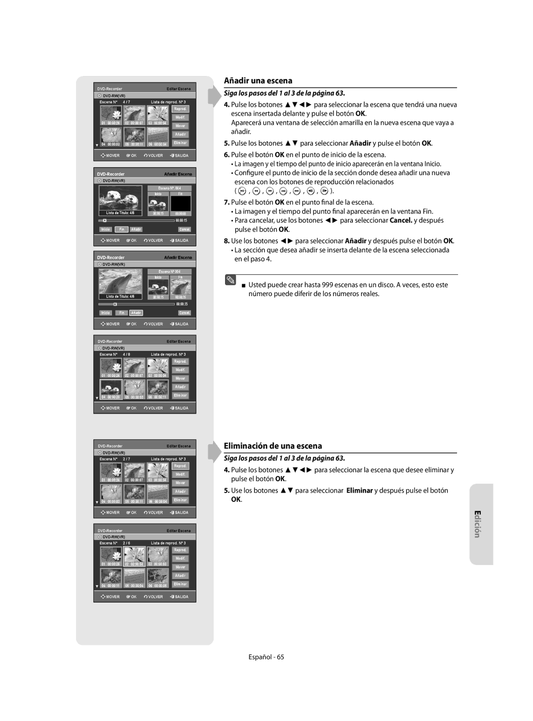 Samsung DVD-R155/EUR, DVD-R155/XEC manual Añadir una escena, Eliminación de una escena 