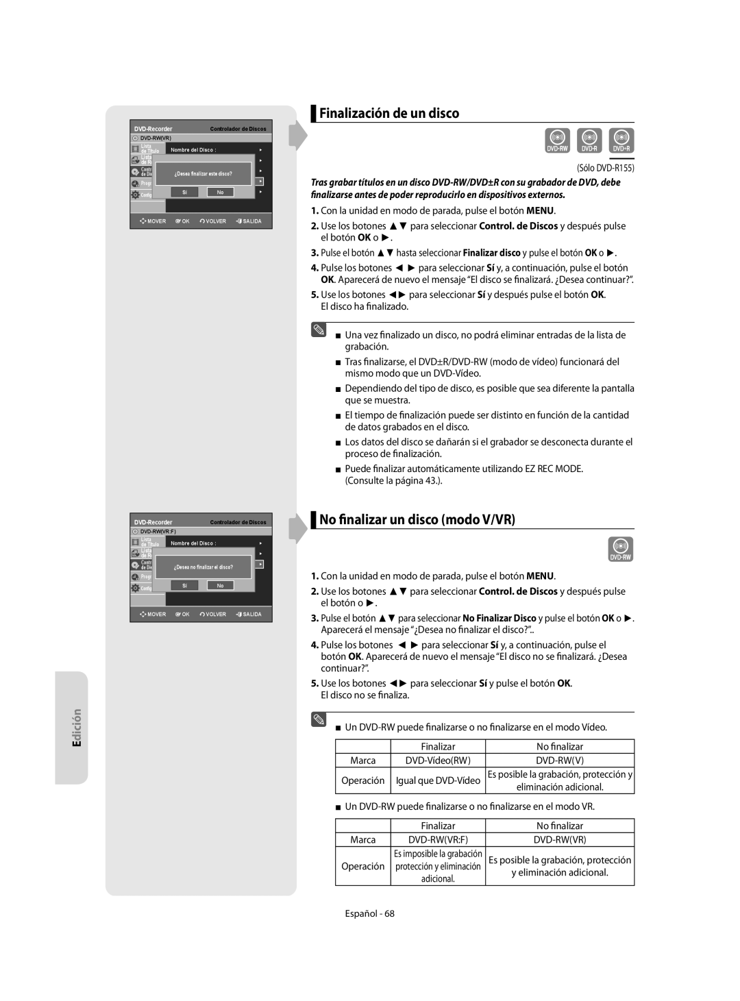 Samsung DVD-R155/XEC, DVD-R155/EUR manual Finalización de un disco, No finalizar un disco modo V/VR 