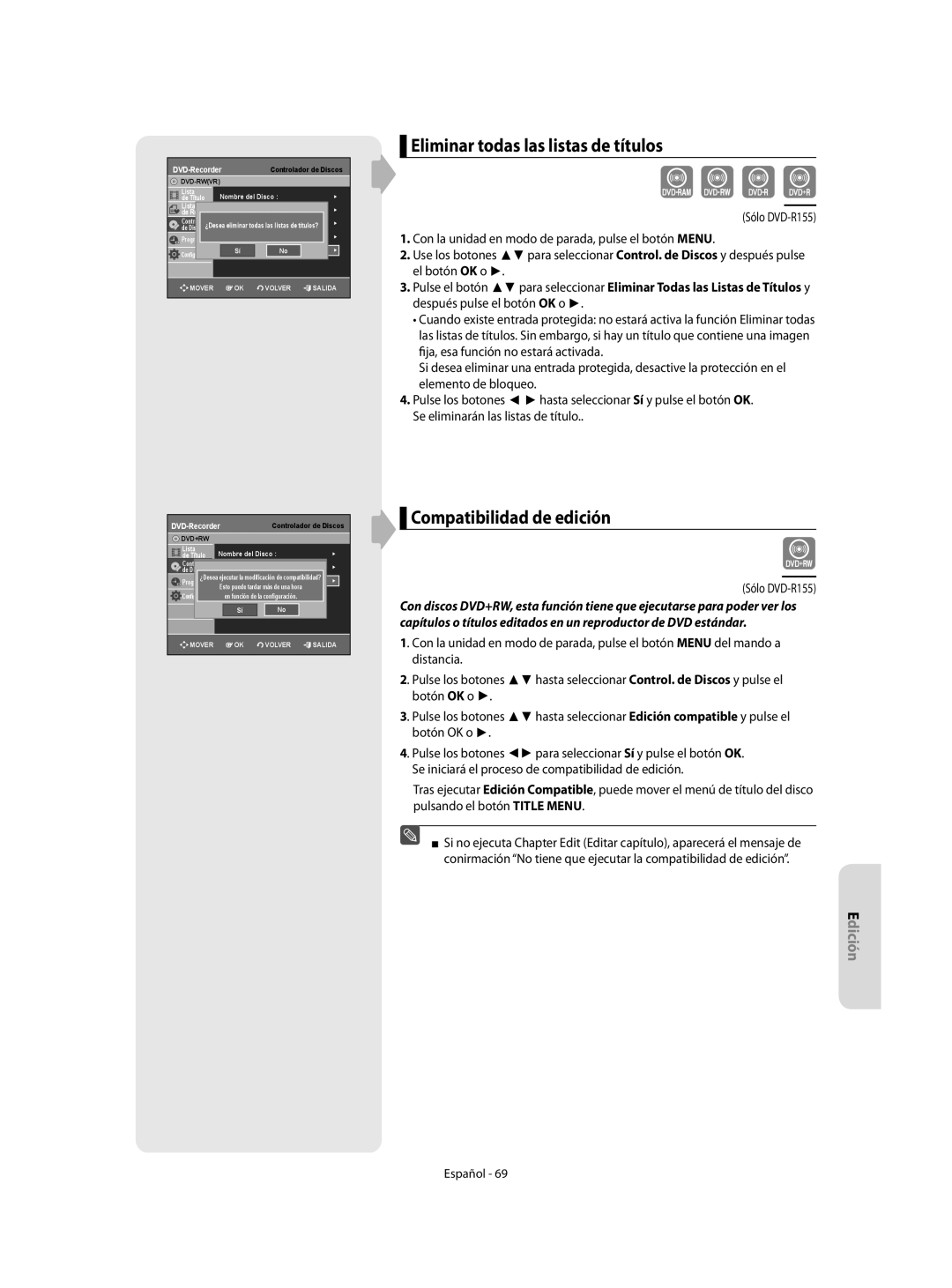 Samsung DVD-R155/EUR, DVD-R155/XEC manual Eliminar todas las listas de títulos, Compatibilidad de edición 