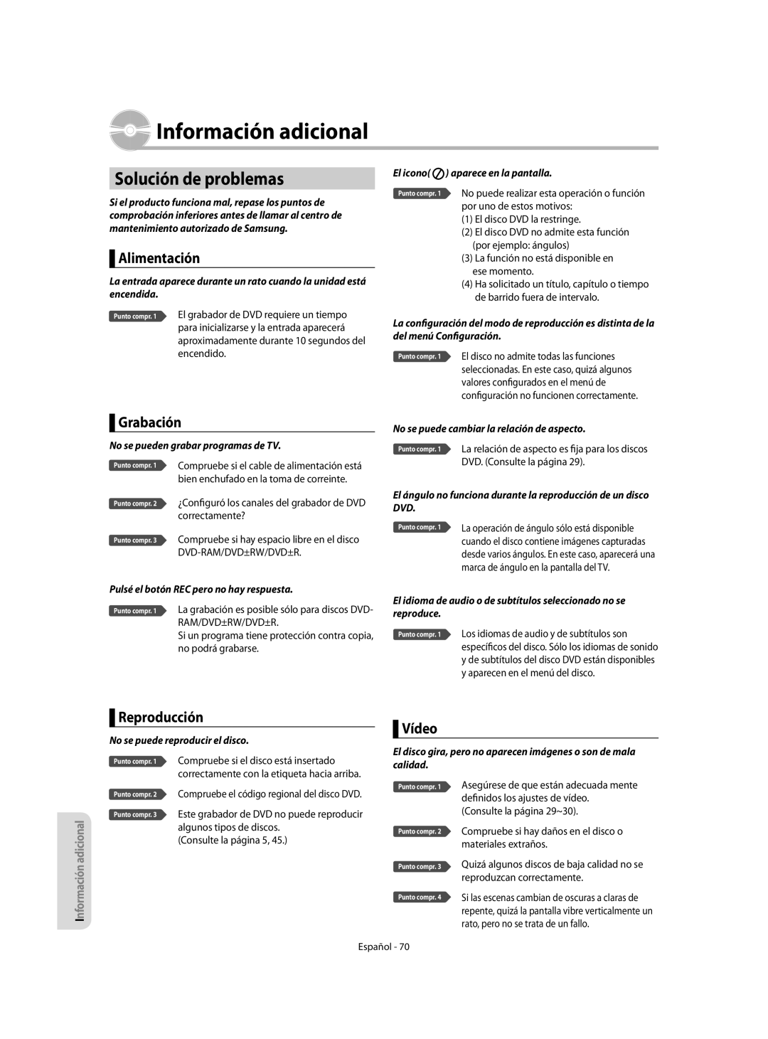Samsung DVD-R155/XEC, DVD-R155/EUR manual Información adicional, Solución de problemas 