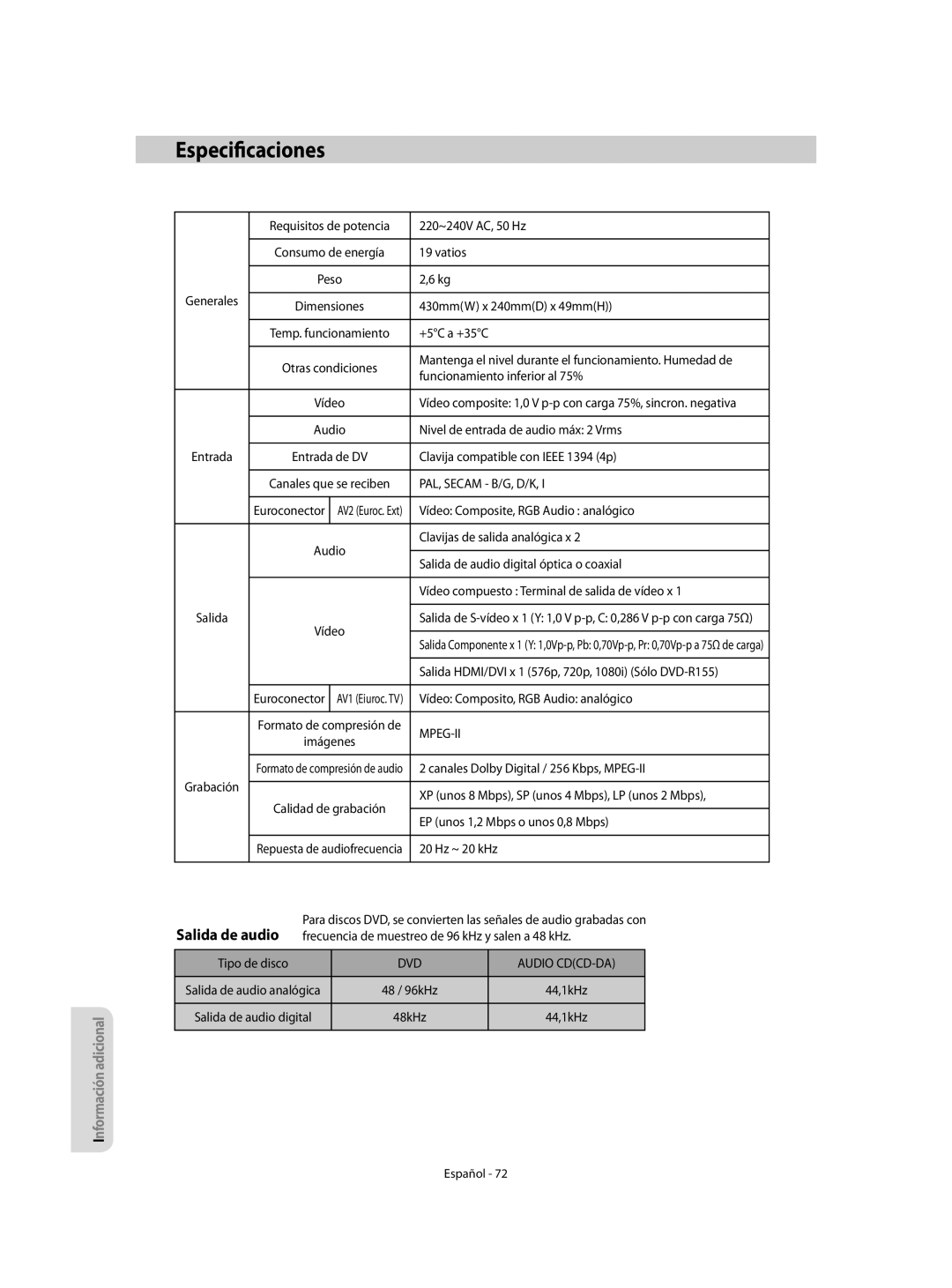 Samsung DVD-R155/XEC, DVD-R155/EUR manual Especificaciones, PAL, Secam B/G, D/K, Mpeg-Ii, DVD Audio CDCD-DA 