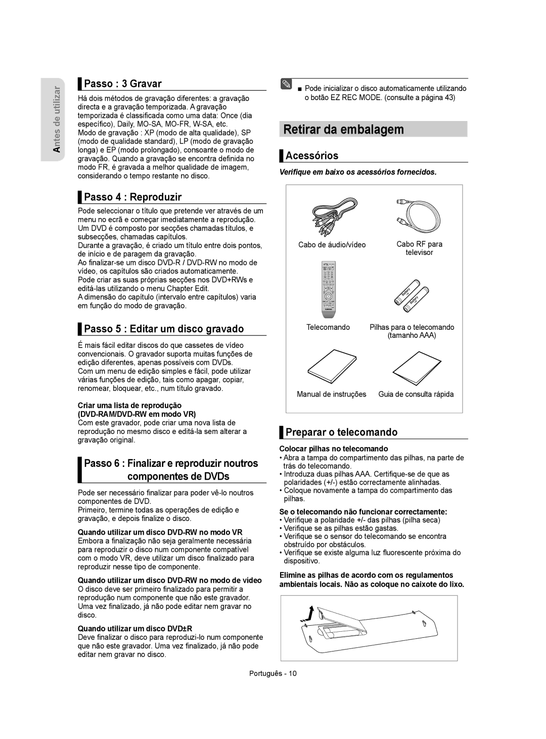 Samsung DVD-R155/XEC, DVD-R155/EUR manual Retirar da embalagem 