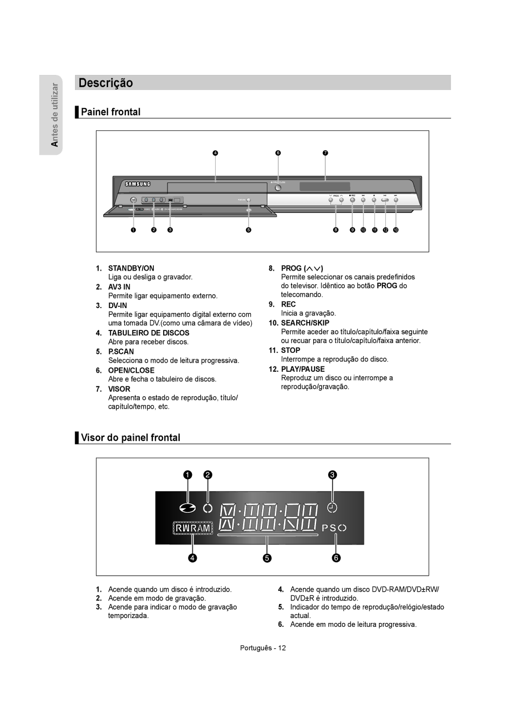 Samsung DVD-R155/XEC, DVD-R155/EUR manual Descrição, Painel frontal, Visor do painel frontal 