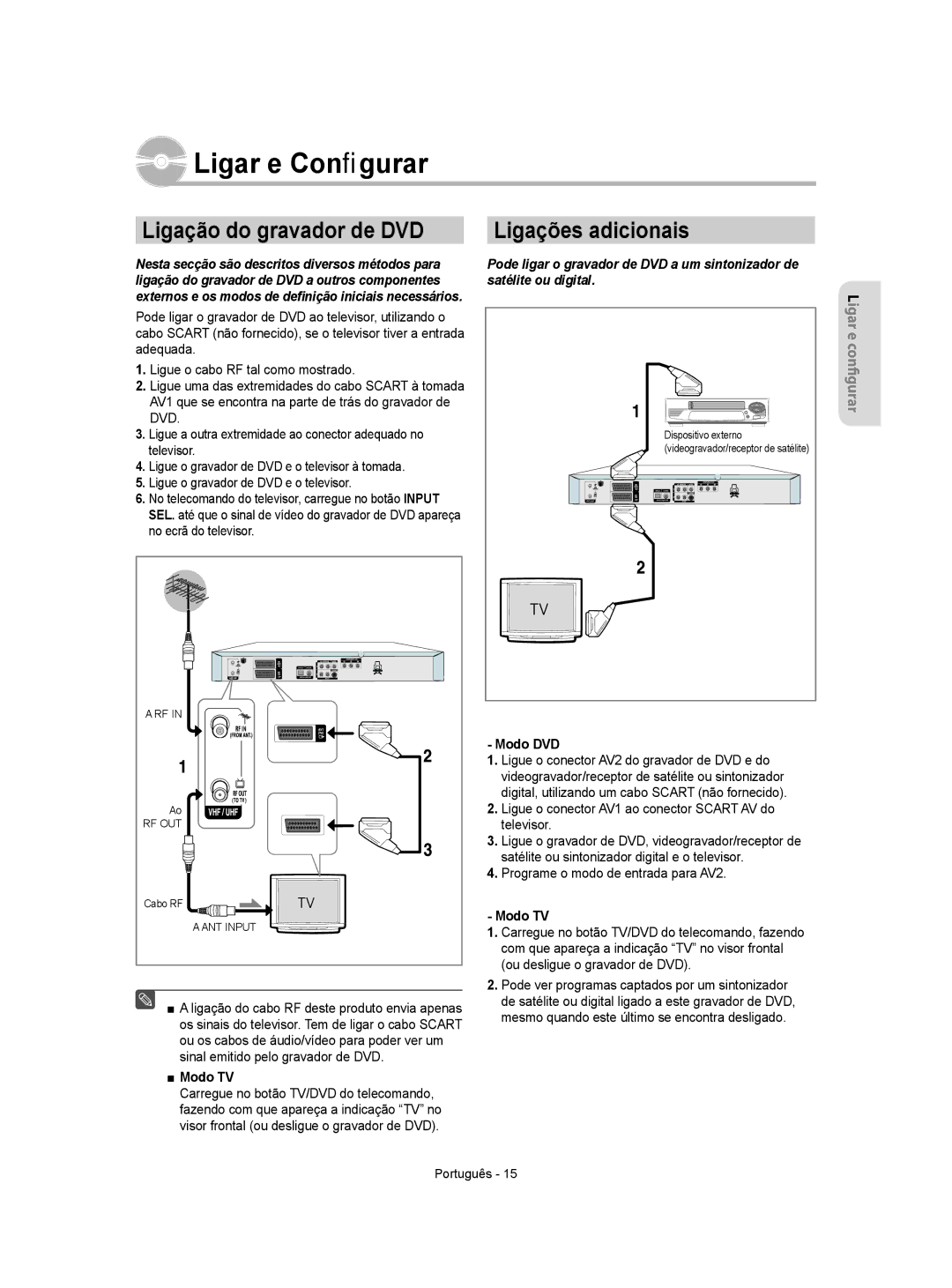 Samsung DVD-R155/EUR, DVD-R155/XEC manual Ligar e Conﬁgurar, Ligação do gravador de DVD Ligações adicionais 