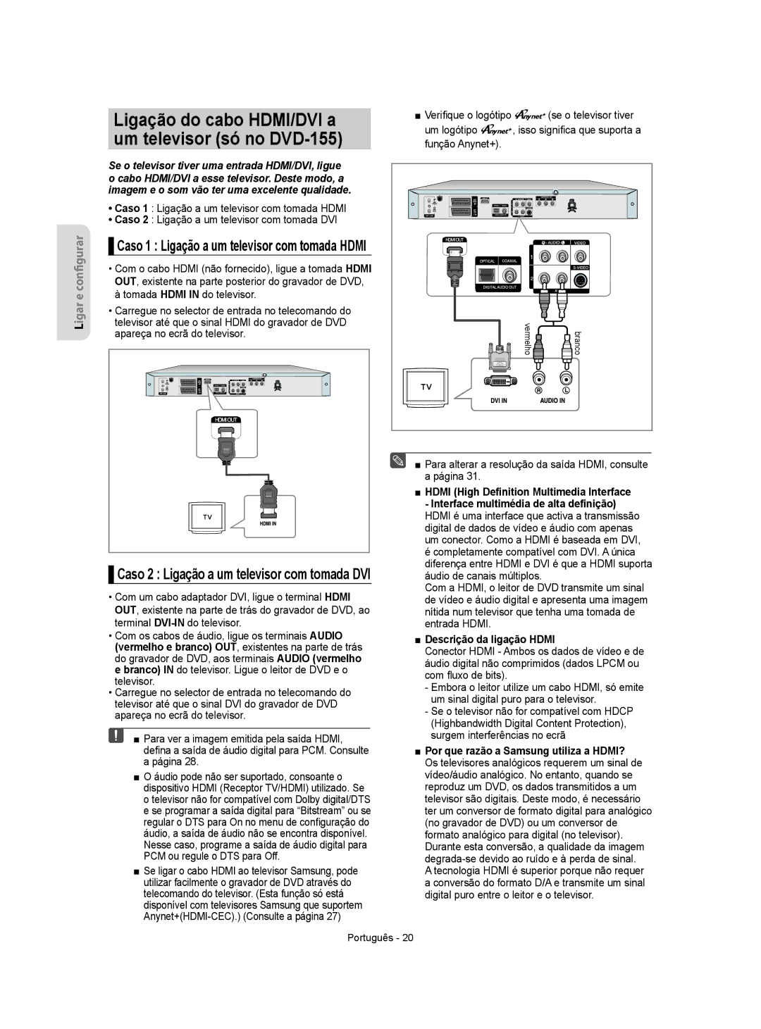 Samsung DVD-R155/XEC, DVD-R155/EUR Para alterar a resolução da saída HDMI, consulte, Página, Descrição da ligação Hdmi 