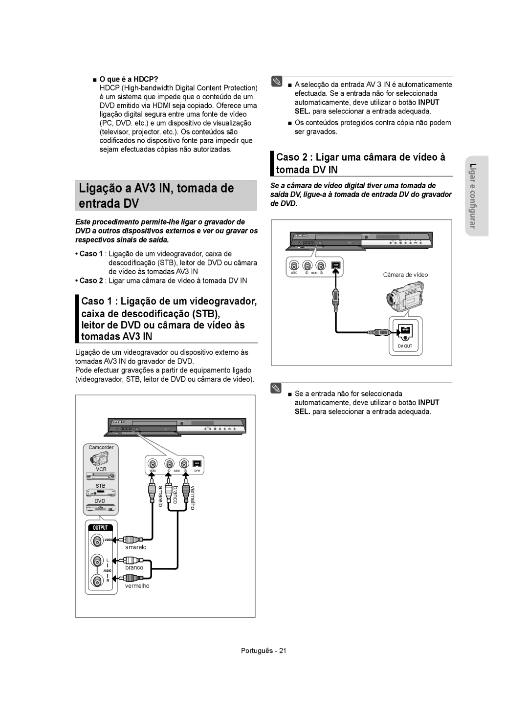 Samsung DVD-R155/EUR manual Ligação a AV3 IN, tomada de entrada DV, Leitor de DVD ou câmara de vídeo às tomadas AV3, De DVD 