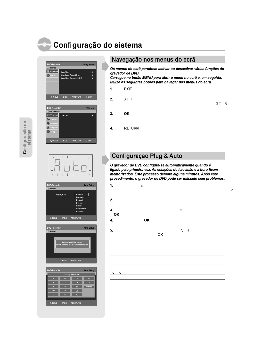 Samsung DVD-R155/XEC, DVD-R155/EUR manual Conﬁguração do sistema, Navegação nos menus do ecrã, Conﬁguração Plug & Auto 