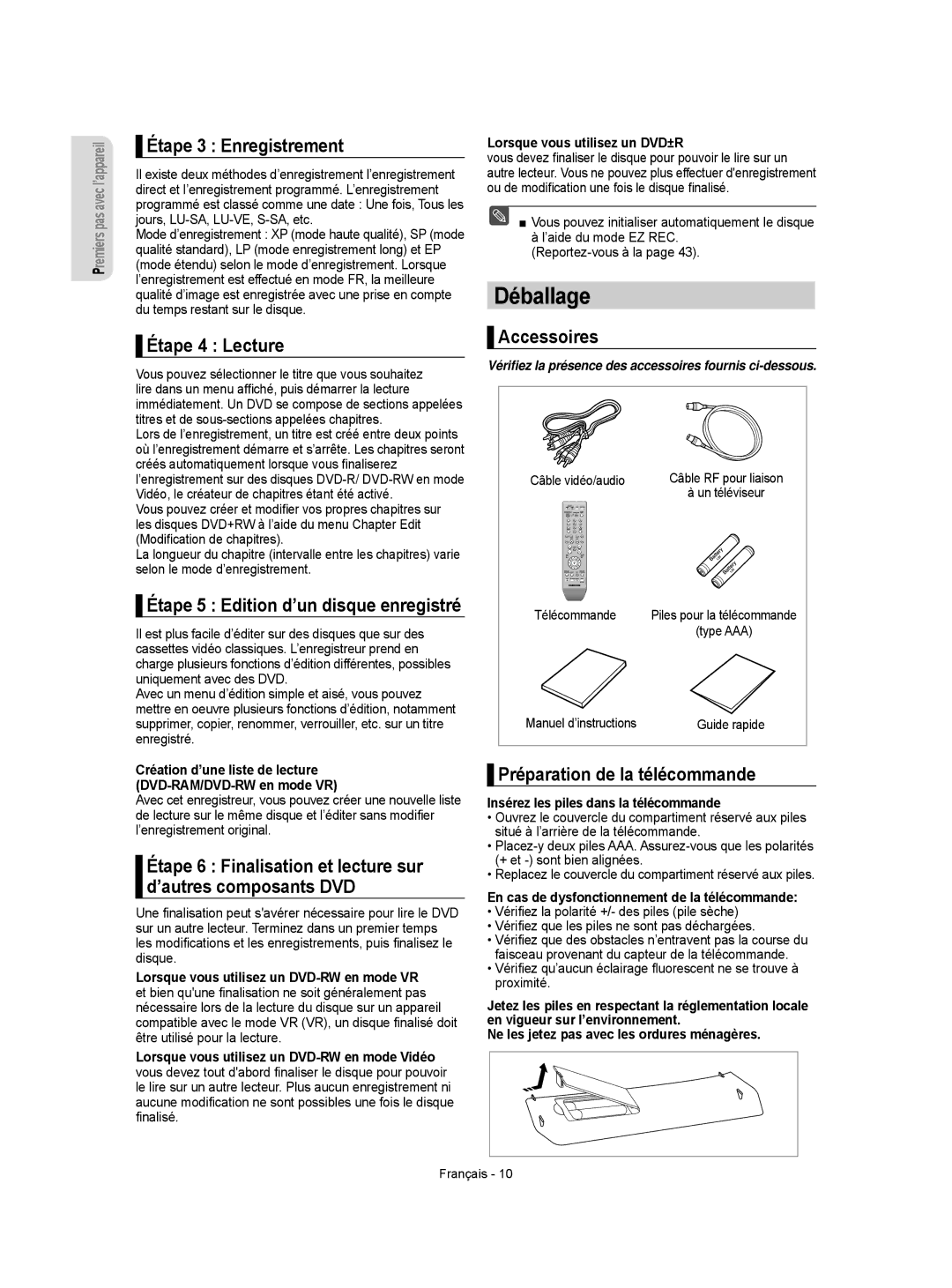 Samsung DVD-R155/XEF, DVD-R156/XEF, DVD-R150/XEF manual Déballage 