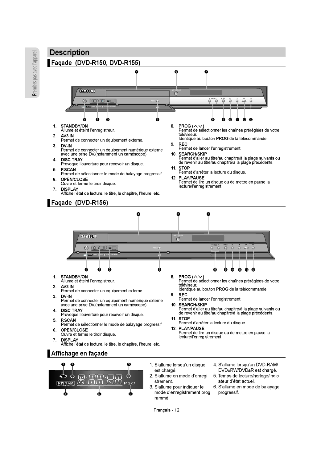 Samsung DVD-R156/XEF, DVD-R155/XEF manual Description, Façade DVD-R150, DVD-R155, Façade DVD-R156, Afﬁchage en façade 