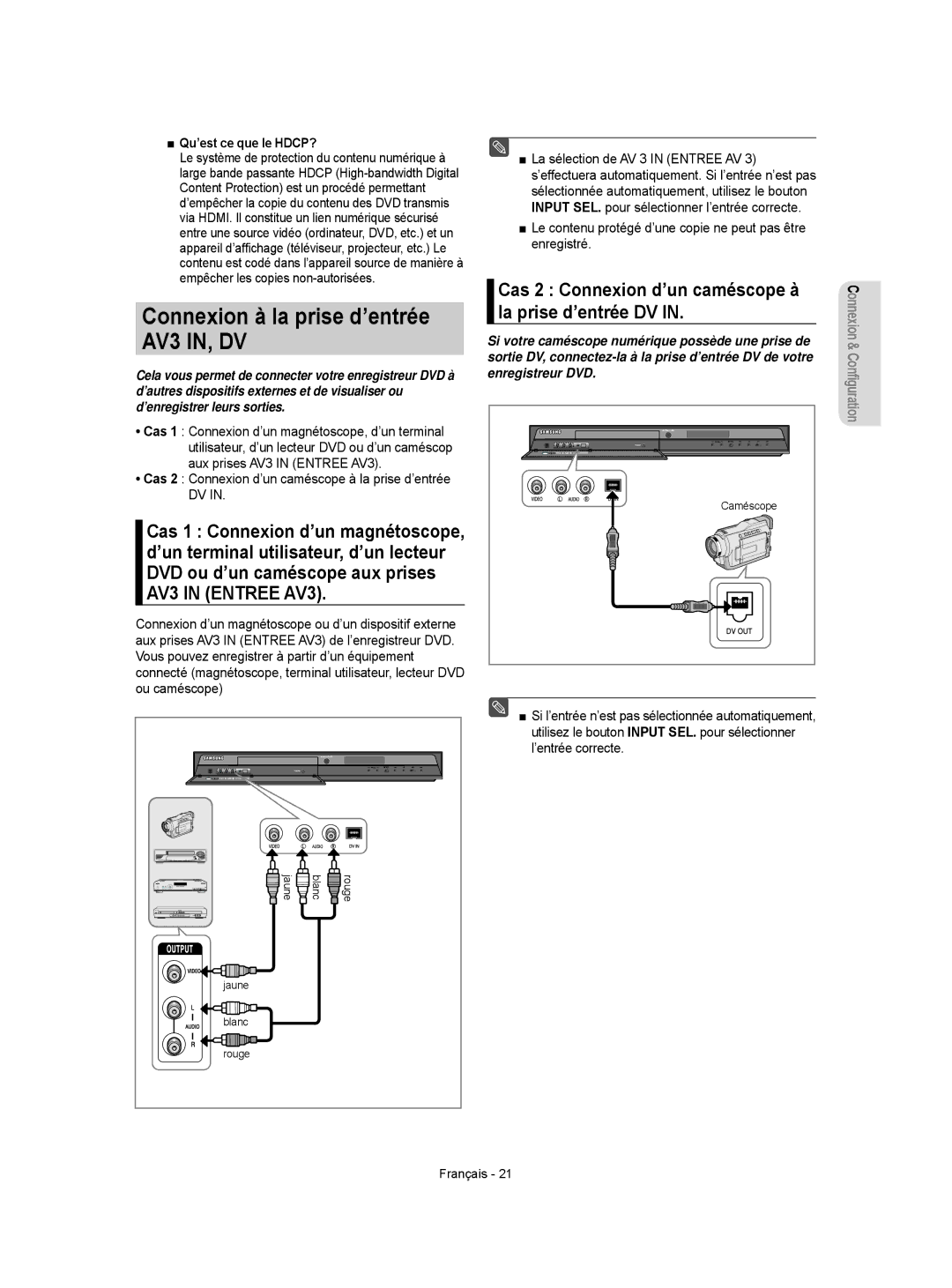 Samsung DVD-R156/XEF, DVD-R155/XEF manual Connexion à la prise d’entrée AV3 IN, DV, Qu’est ce que le HDCP?, ’entrée correcte 