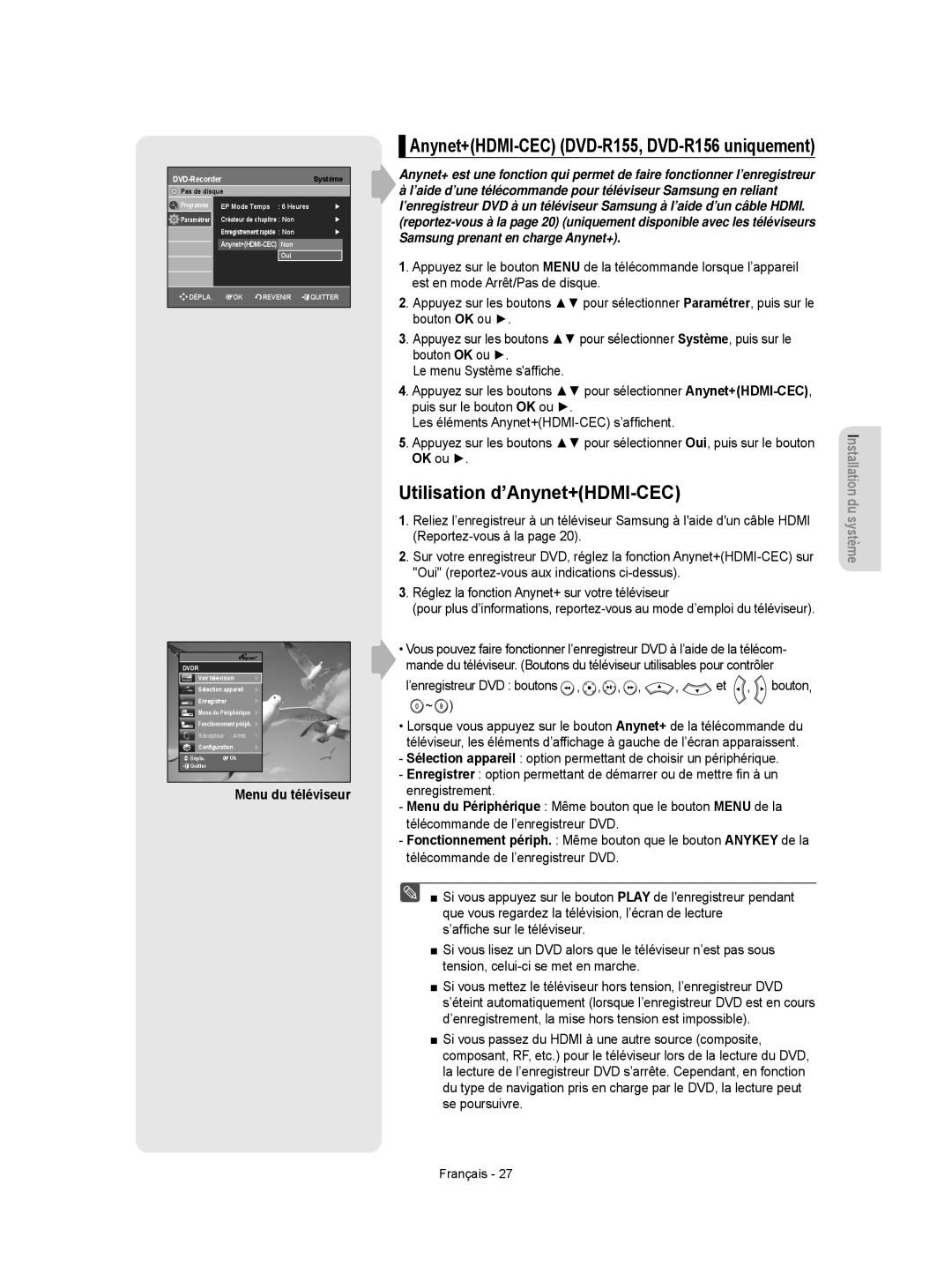 Samsung DVD-R156/XEF Utilisation d’Anynet+HDMI-CEC, Anynet+HDMI-CEC DVD-R155, DVD-R156 uniquement, Menu du téléviseur 