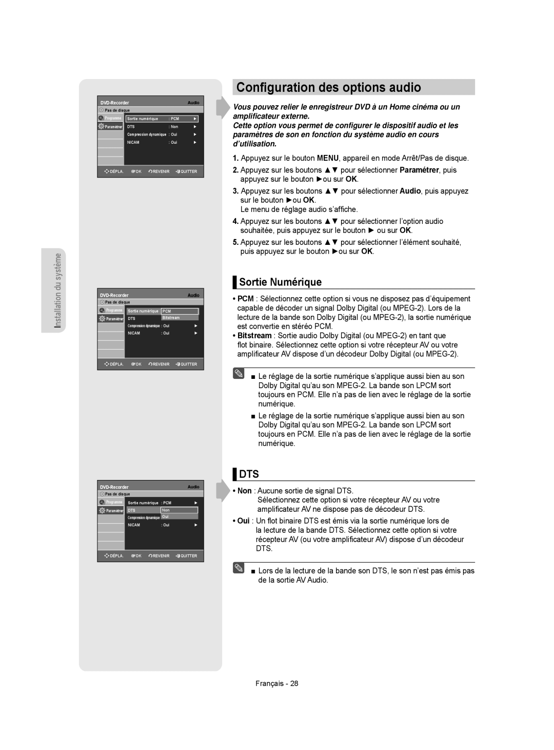 Samsung DVD-R155/XEF, DVD-R156/XEF manual Conﬁguration des options audio, Sortie Numérique, Non Aucune sortie de signal DTS 