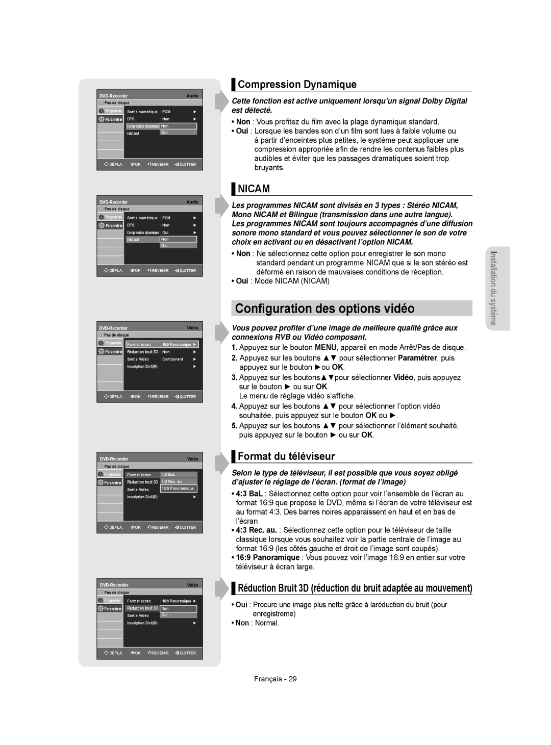 Samsung DVD-R150/XEF, DVD-R156/XEF manual Conﬁguration des options vidéo, Compression Dynamique, Format du téléviseur 