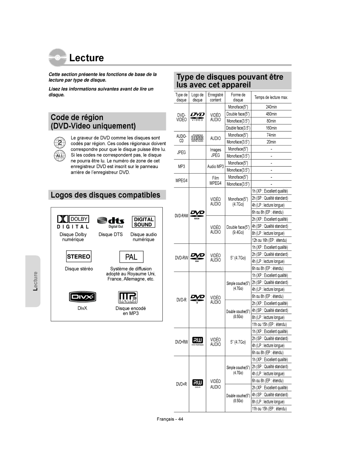 Samsung DVD-R150/XEF, DVD-R156/XEF, DVD-R155/XEF manual Type de disques pouvant être lus avec cet appareil, Audio 