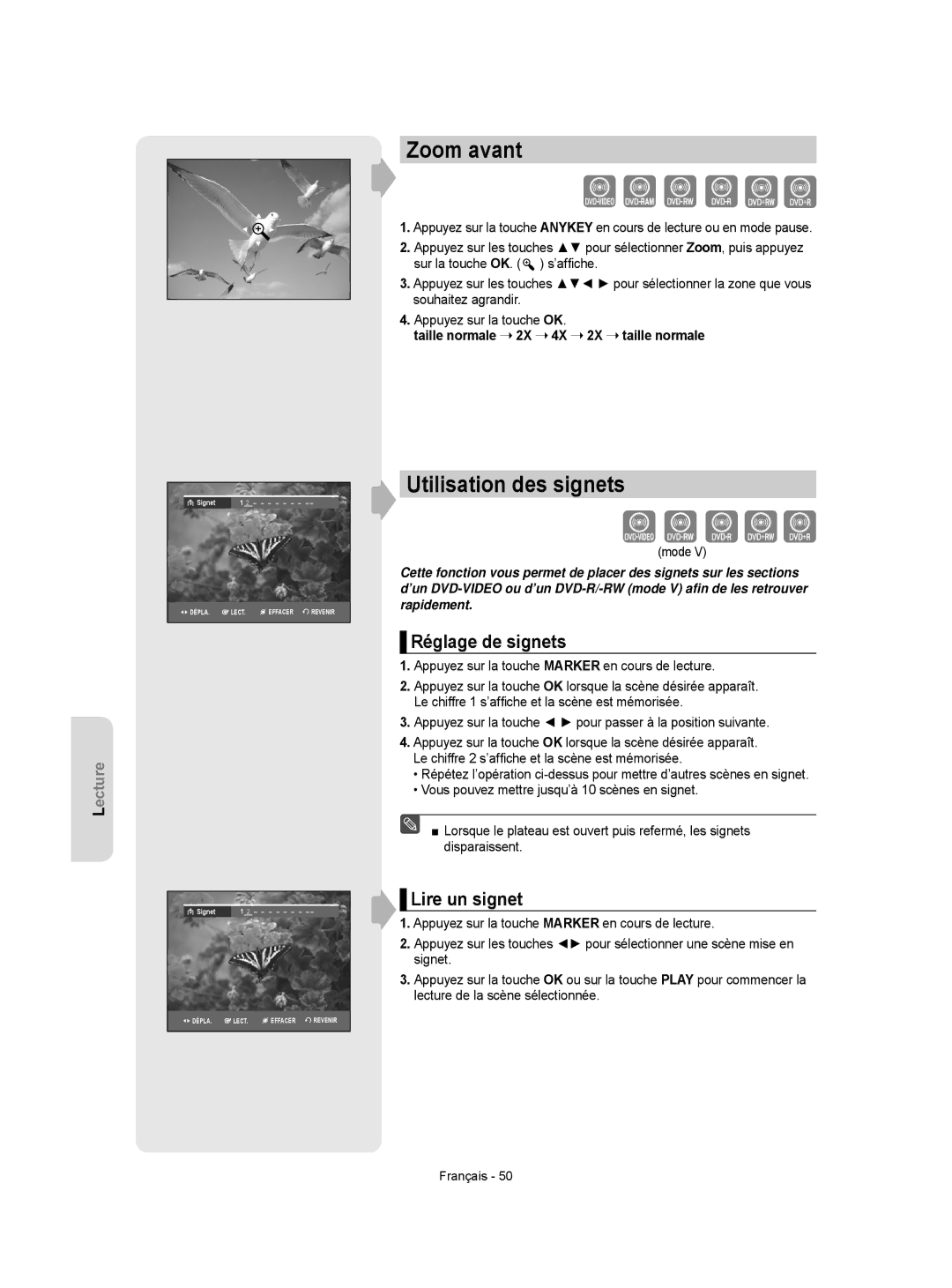 Samsung DVD-R150/XEF, DVD-R156/XEF, DVD-R155/XEF Zoom avant, Utilisation des signets, Réglage de signets, Lire un signet 