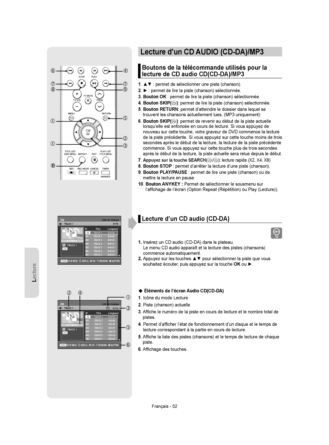 Samsung DVD-R155/XEF manual Lecture dun CD Audio CD-DA/MP3, Lecture d’un CD audio CD-DA, Piste, Afﬁchage des touches 