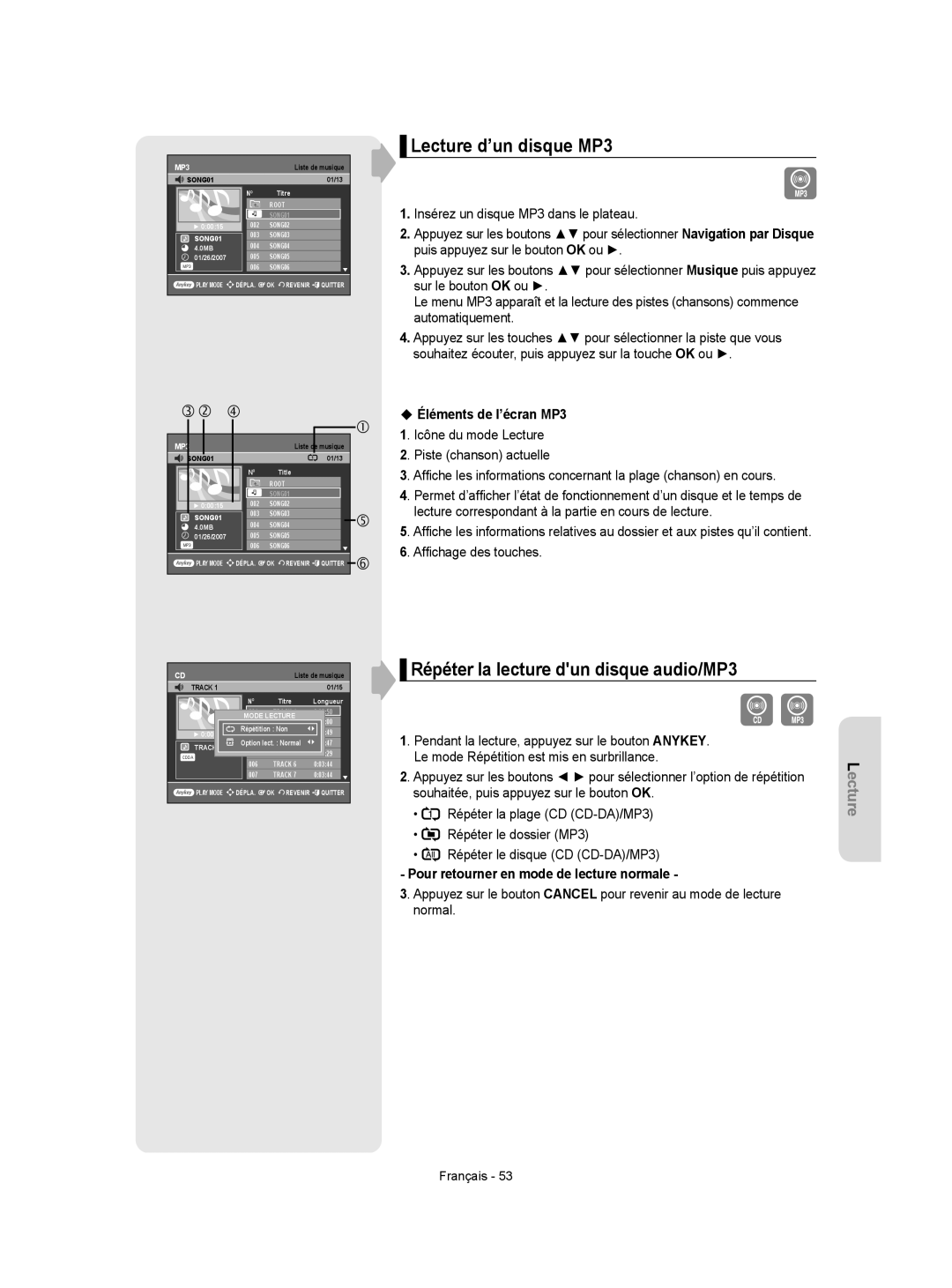 Samsung DVD-R150/XEF, DVD-R156/XEF, DVD-R155/XEF manual Lecture d’un disque MP3, Pour retourner en mode de lecture normale 