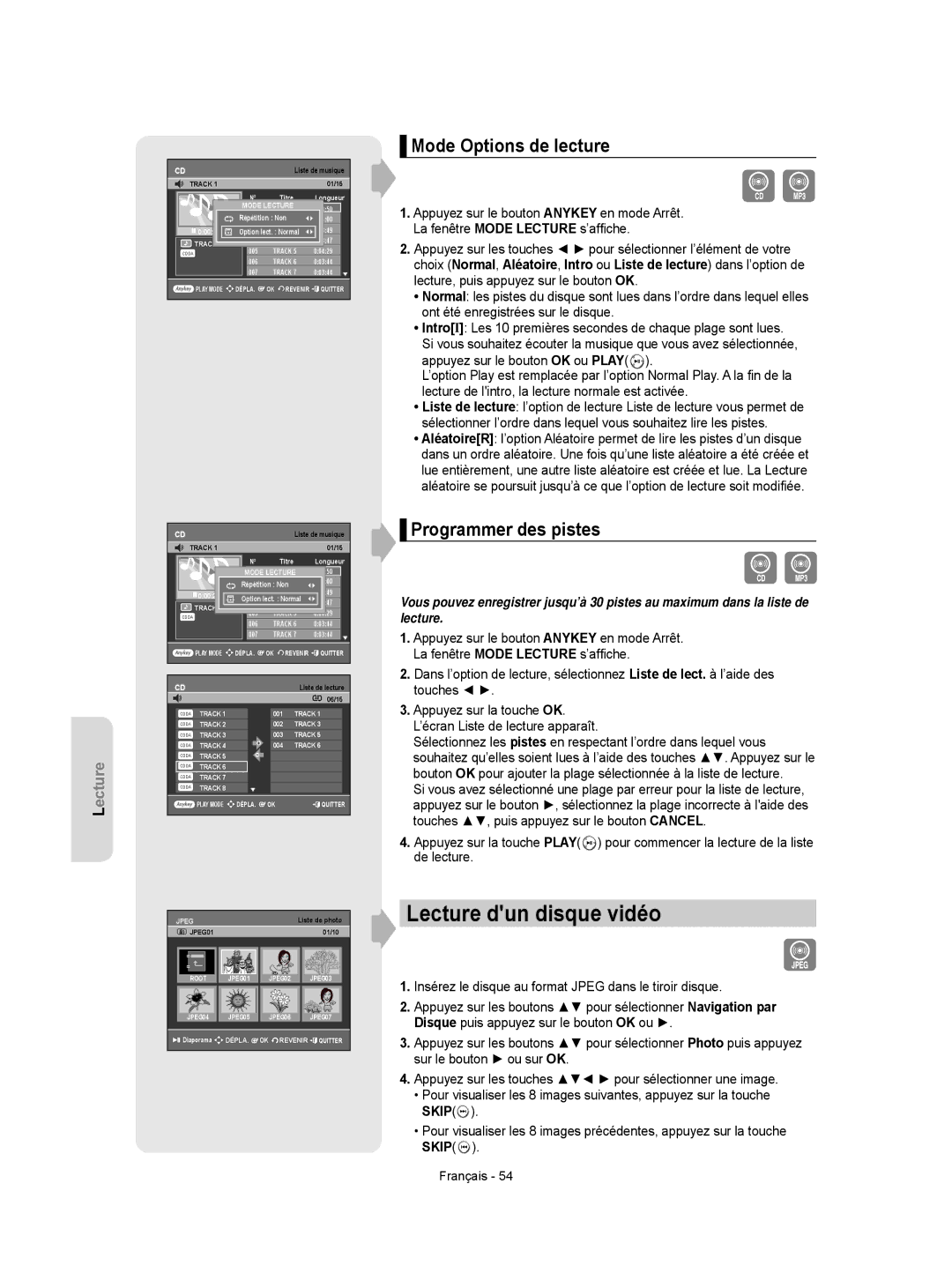 Samsung DVD-R156/XEF, DVD-R155/XEF, DVD-R150/XEF Lecture dun disque vidéo, Mode Options de lecture, Programmer des pistes 