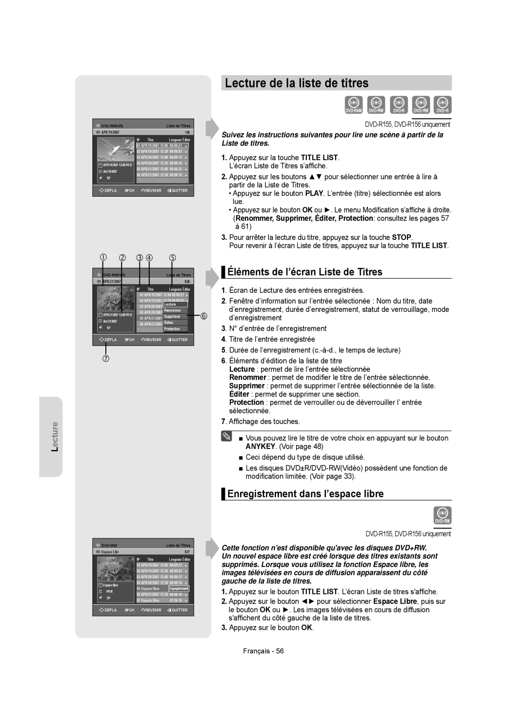 Samsung DVD-R150/XEF, DVD-R156/XEF, DVD-R155/XEF manual Lecture de la liste de titres, Éléments de l’écran Liste de Titres 