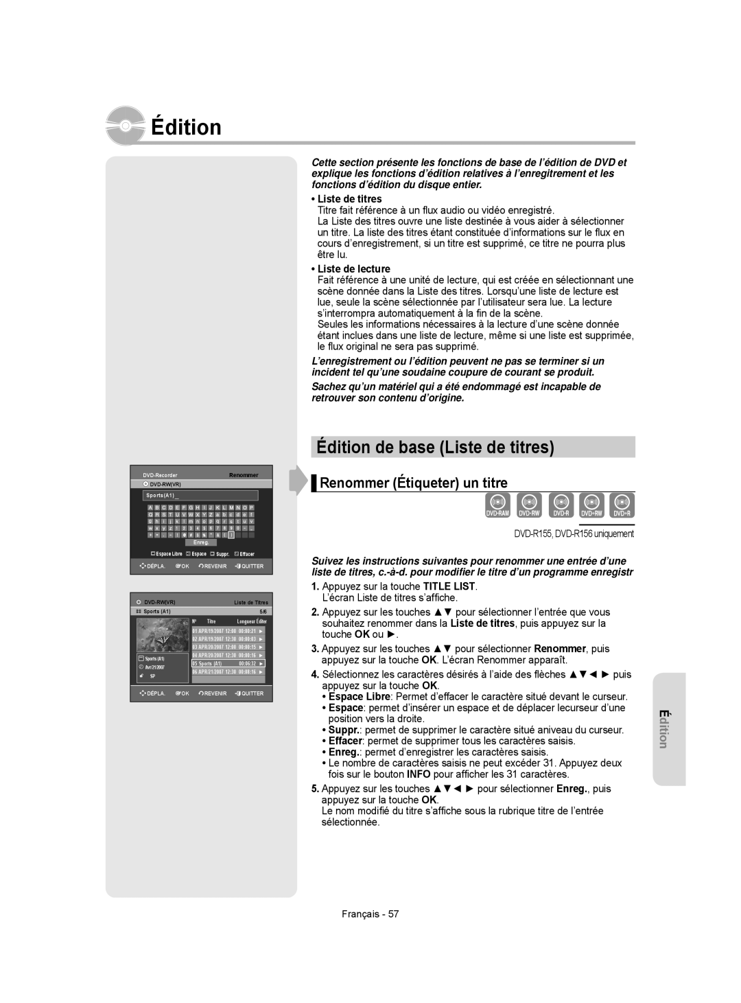 Samsung DVD-R156/XEF, DVD-R155/XEF manual Édition de base Liste de titres, Renommer Étiqueter un titre, Liste de lecture 