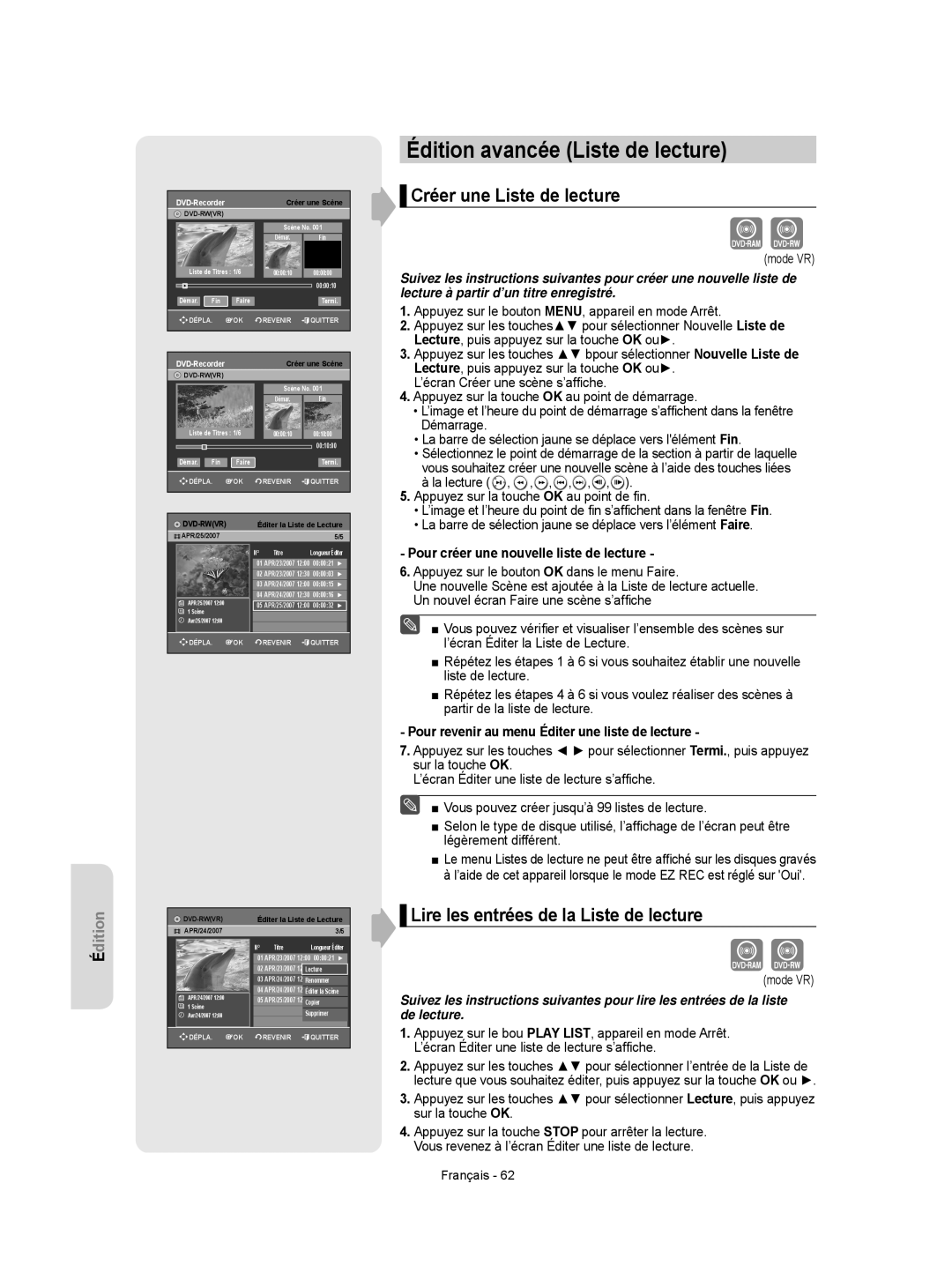 Samsung DVD-R150/XEF Édition avancée Liste de lecture, Créer une Liste de lecture, Lire les entrées de la Liste de lecture 