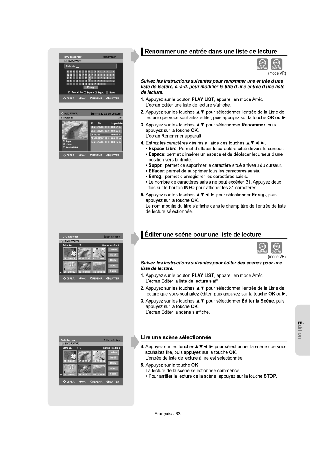 Samsung DVD-R156/XEF manual Renommer une entrée dans une liste de lecture, Éditer une scène pour une liste de lecture 