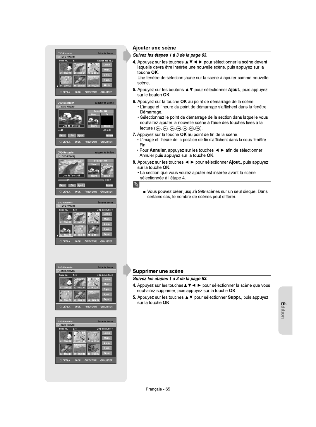 Samsung DVD-R150/XEF, DVD-R156/XEF, DVD-R155/XEF manual Ajouter une scène, Supprimer une scène 