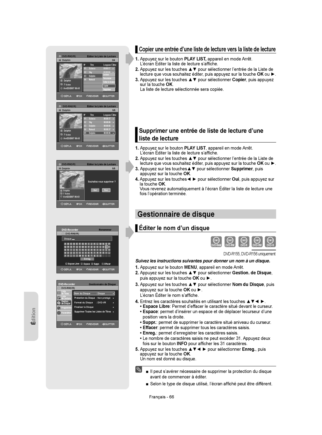 Samsung DVD-R156/XEF, DVD-R155/XEF, DVD-R150/XEF manual Gestionnaire de disque, Éditer le nom d’un disque 