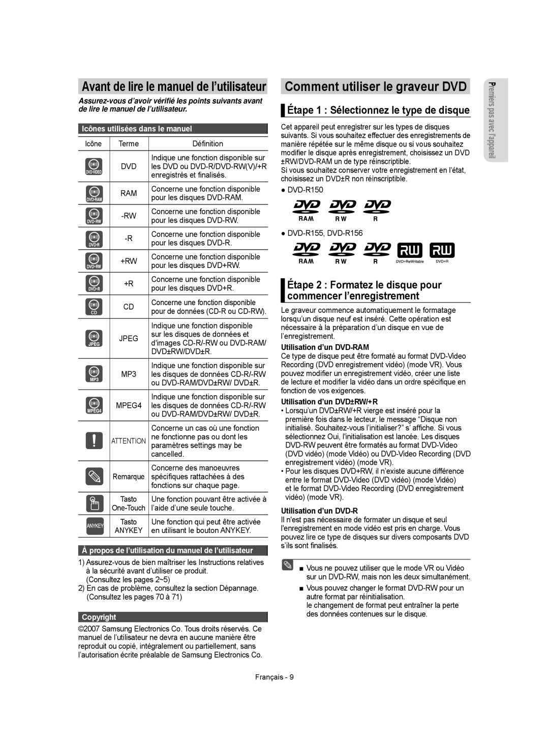 Samsung DVD-R156/XEF Avant de lire le manuel de l’utilisateur, Étape 2 Formatez le disque pour commencer l’enregistrement 