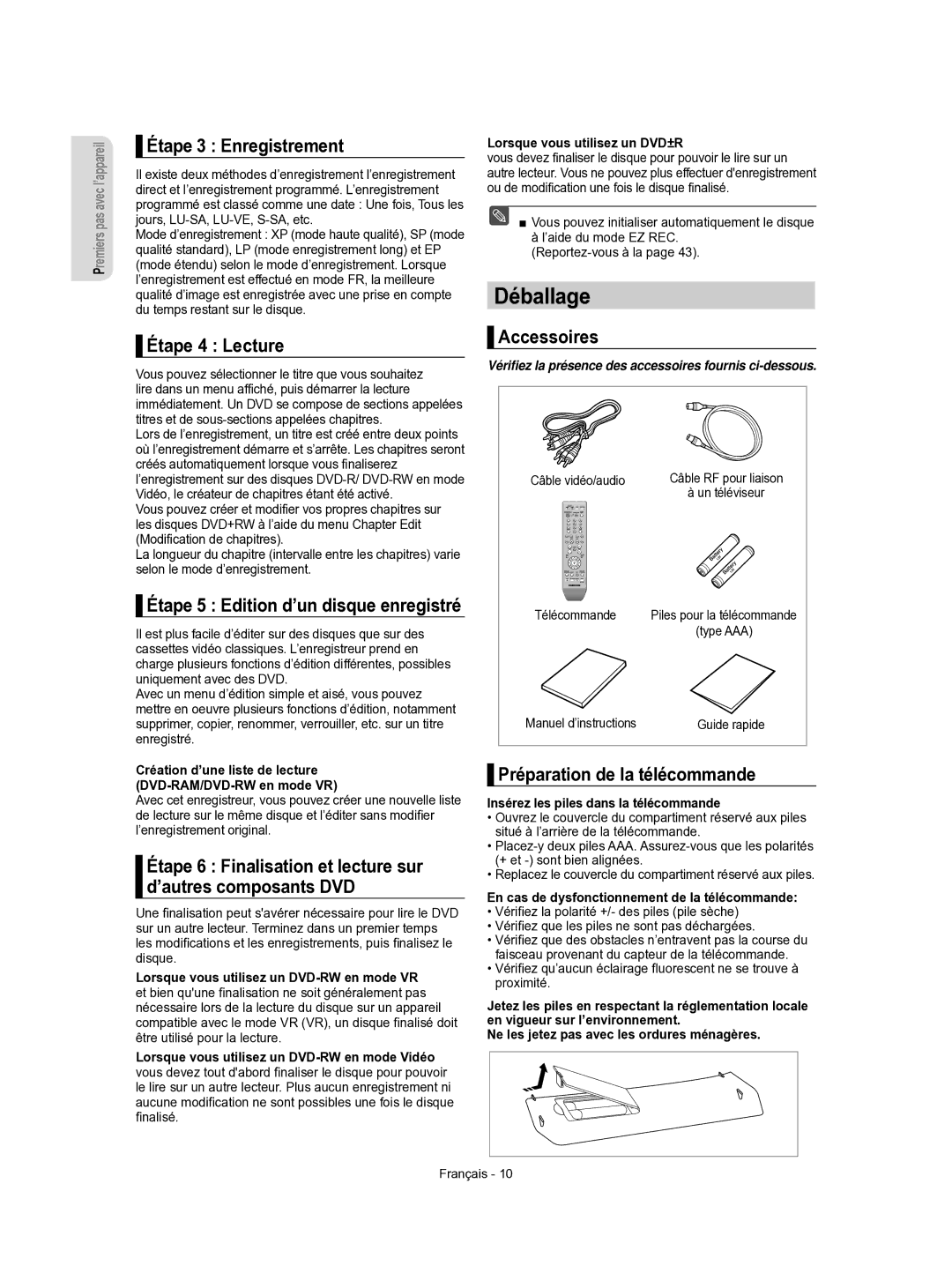 Samsung DVD-R156/XEF, DVD-R155/XEF manual Déballage 