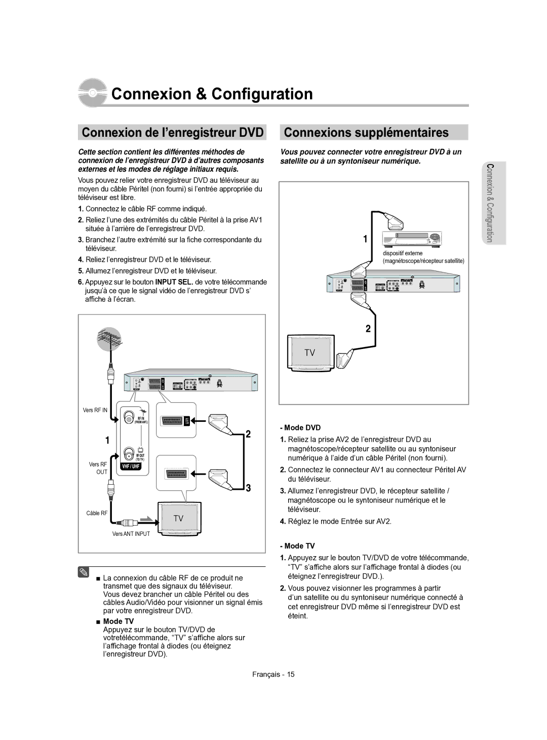 Samsung DVD-R155/XEF, DVD-R156/XEF manual Connexions supplémentaires, Mode TV, Mode DVD 