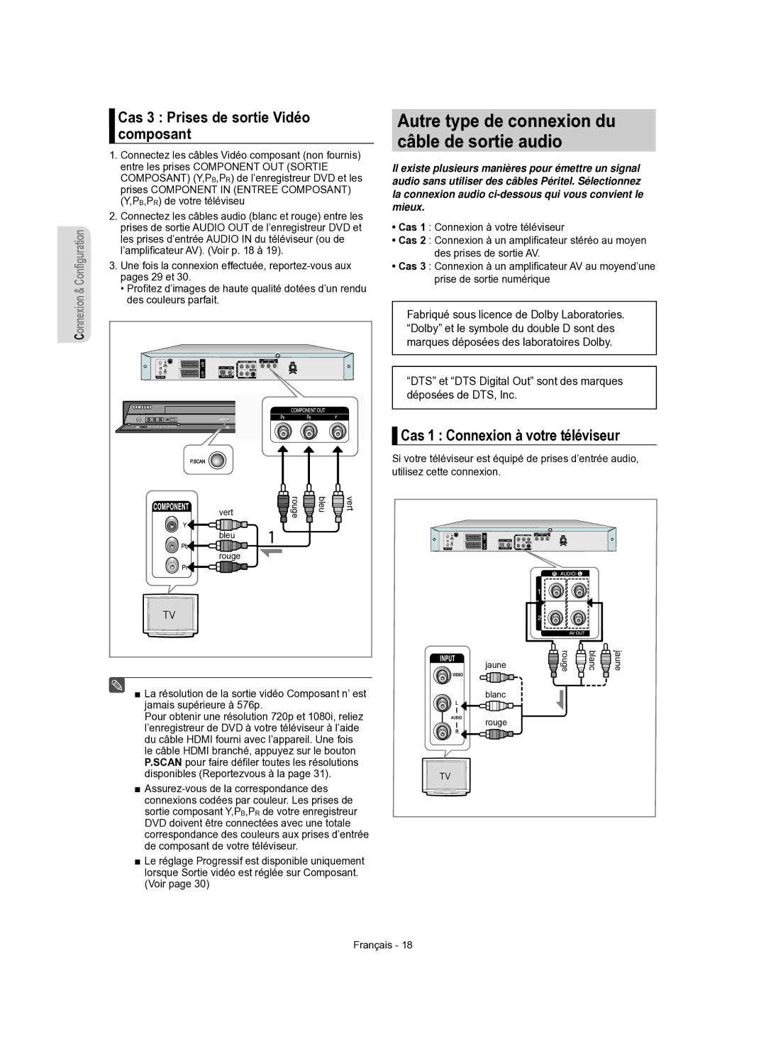 Samsung DVD-R156/XEF manual Autre type de connexion du câble de sortie audio, Cas 3 Prises de sortie Vidéo composant 